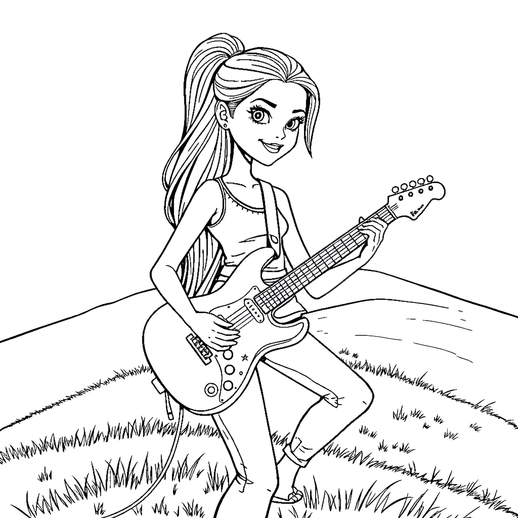 Girl Playing Electric Guitar in Nature Coloring Page (free black-and-white line drawing printable PDF for all, from beginners to advanced learners, including children, teens, adults, and seniors)