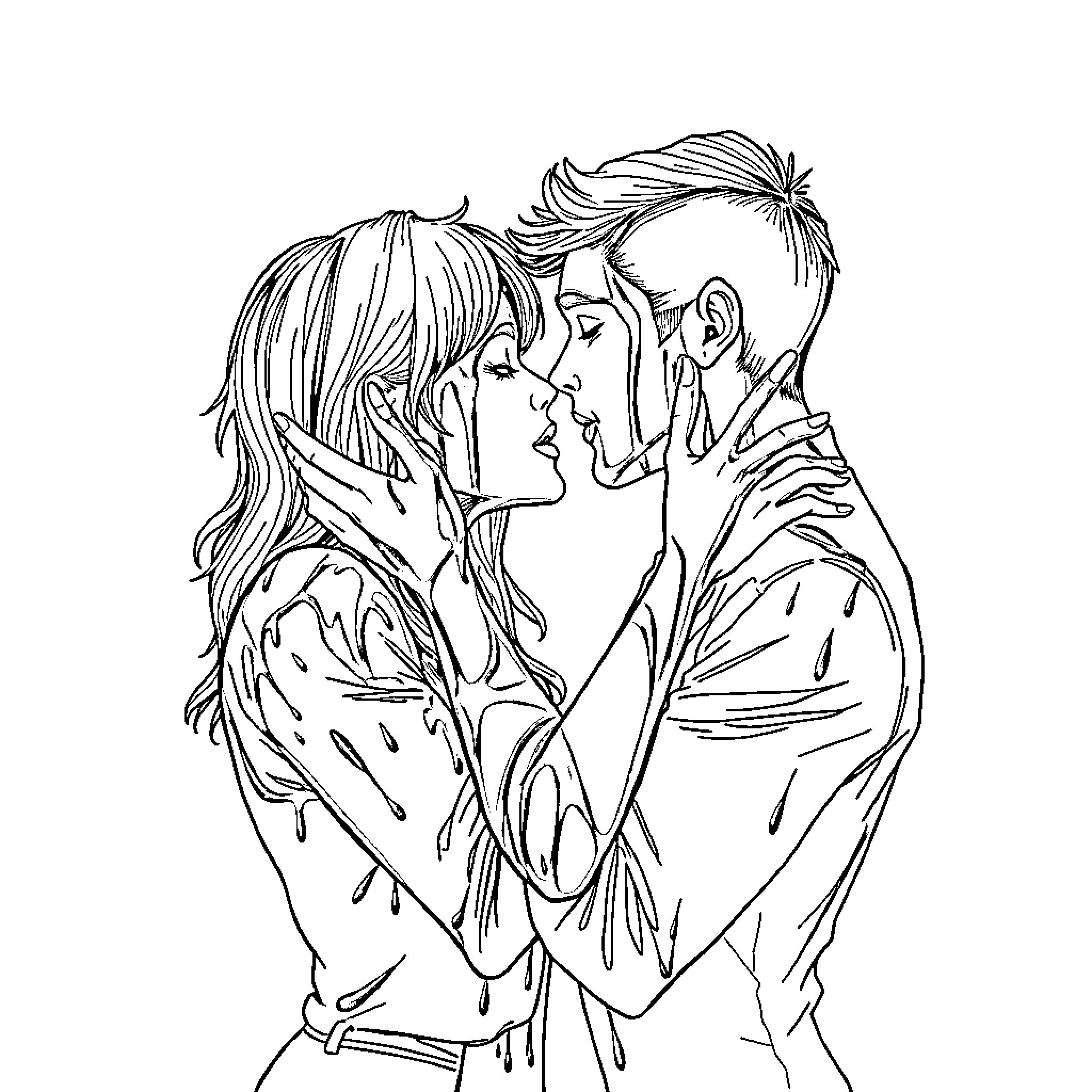 Nutella couple sharing a passionate embrace Coloring Page (free black-and-white line drawing printable PDF for all, from beginners to advanced learners, including children, teens, adults, and seniors)