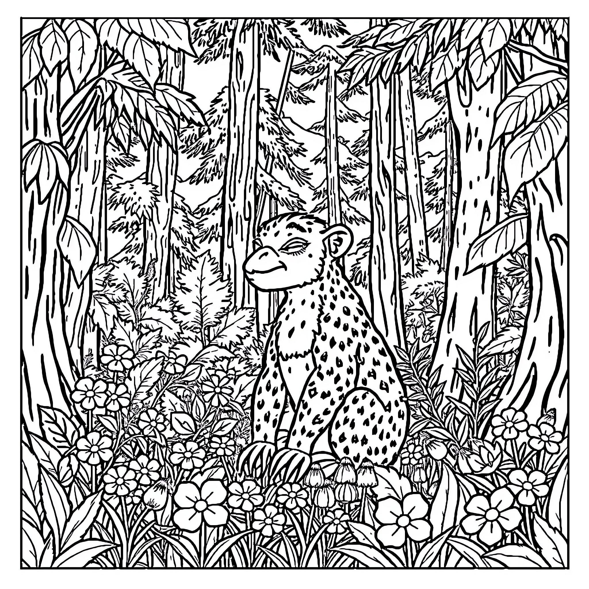 Labubu enjoying the wilderness Coloring Page (free black-and-white line drawing printable PDF for all, from beginners to advanced learners, including children, teens, adults, and seniors)