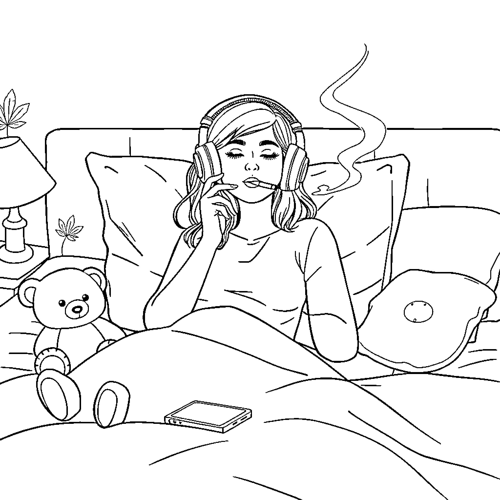 Woman listening to music with headphones in cozy setting Coloring Page (free black-and-white line drawing printable PDF for all, from beginners to advanced learners, including children, teens, adults, and seniors)