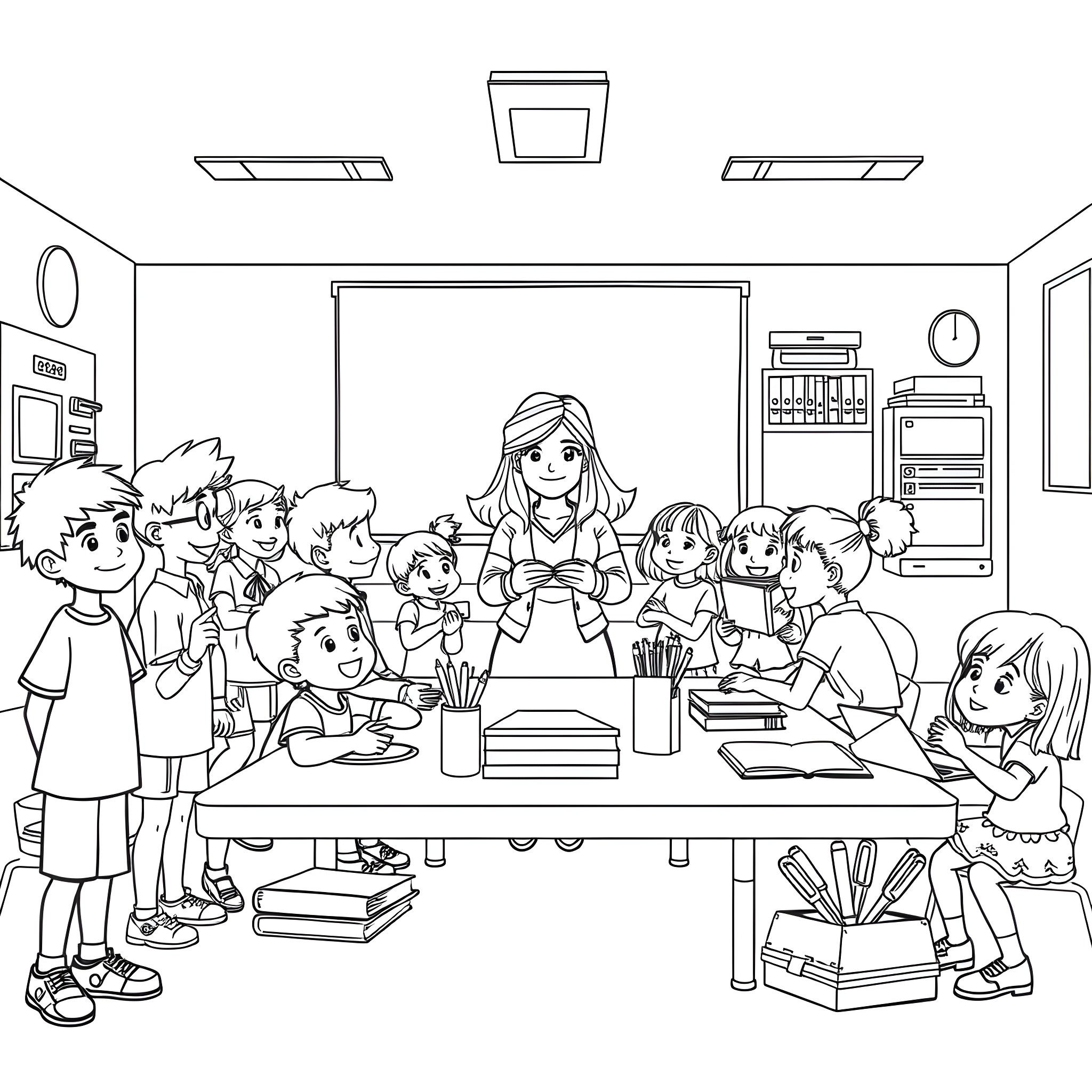Boy teaching a group of kids in the classroom Coloring Page (free black-and-white line drawing printable PDF for all, from beginners to advanced learners, including children, teens, adults, and seniors)
