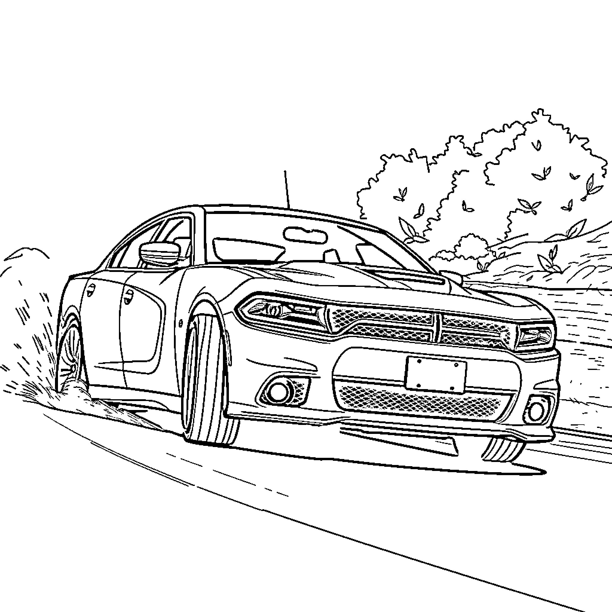 Dodge Charger speeding through the countryside Coloring Page (free black-and-white line drawing printable PDF for all, from beginners to advanced learners, including children, teens, adults, and seniors)