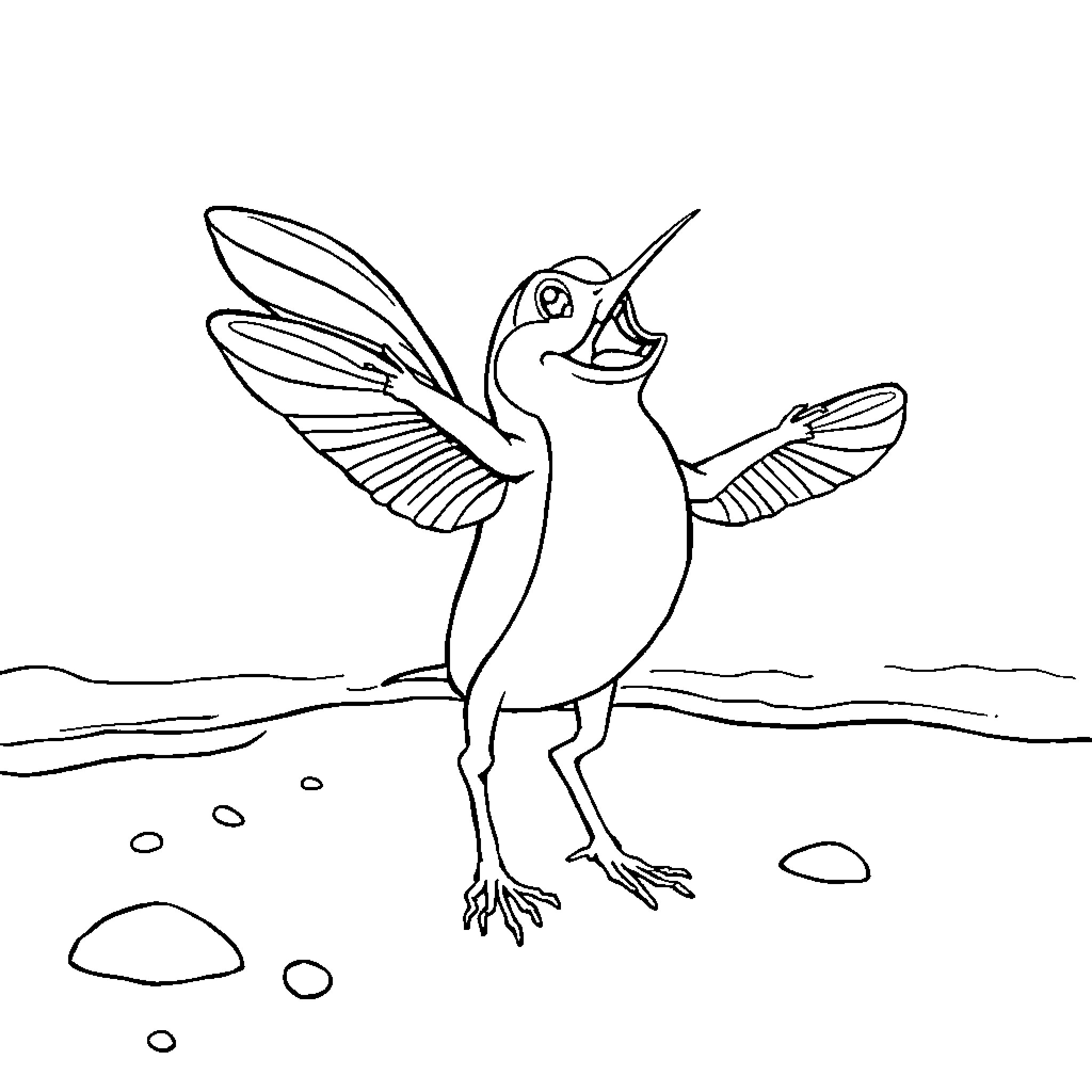 Patatrouille happy bird singing with wings spread wide Coloring Page (free black-and-white line drawing printable PDF for all, from beginners to advanced learners, including children, teens, adults, and seniors)