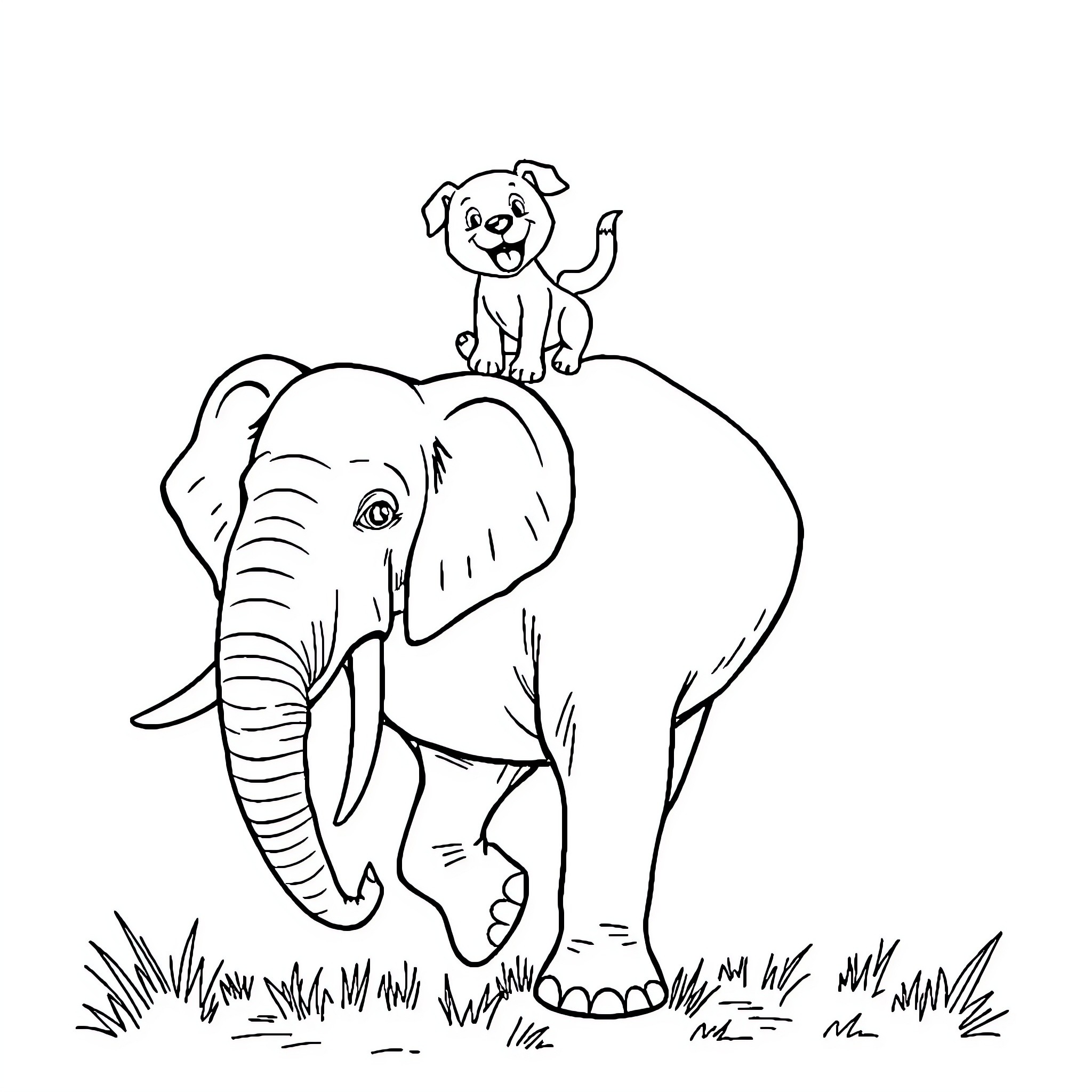 Dog riding happily on elephant through the meadow Coloring Page (free black-and-white line drawing printable PDF for all, from beginners to advanced learners, including children, teens, adults, and seniors)