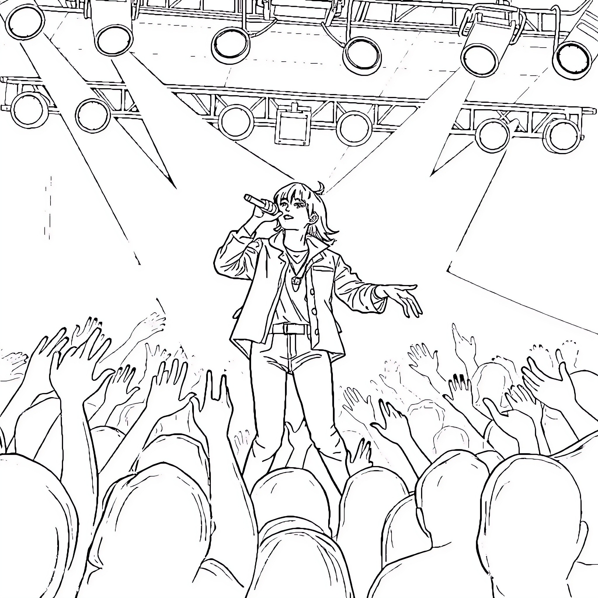 Kpop Idol performing on stage with crowd Coloring Page (free black-and-white line drawing printable PDF for all, from beginners to advanced learners, including children, teens, adults, and seniors)