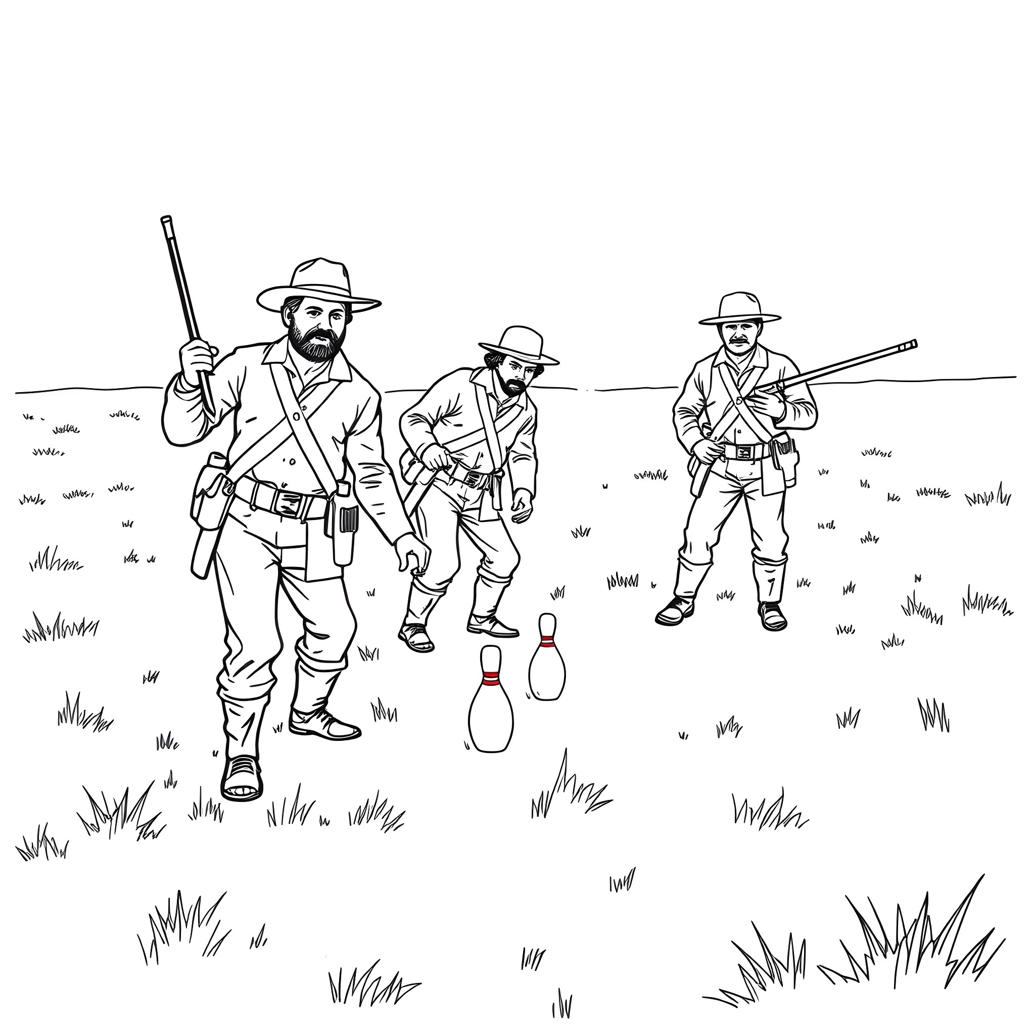 Soldier Trio on Patrol in Grassy Field Coloring Page (free black-and-white line drawing printable PDF for all, from beginners to advanced learners, including children, teens, adults, and seniors)