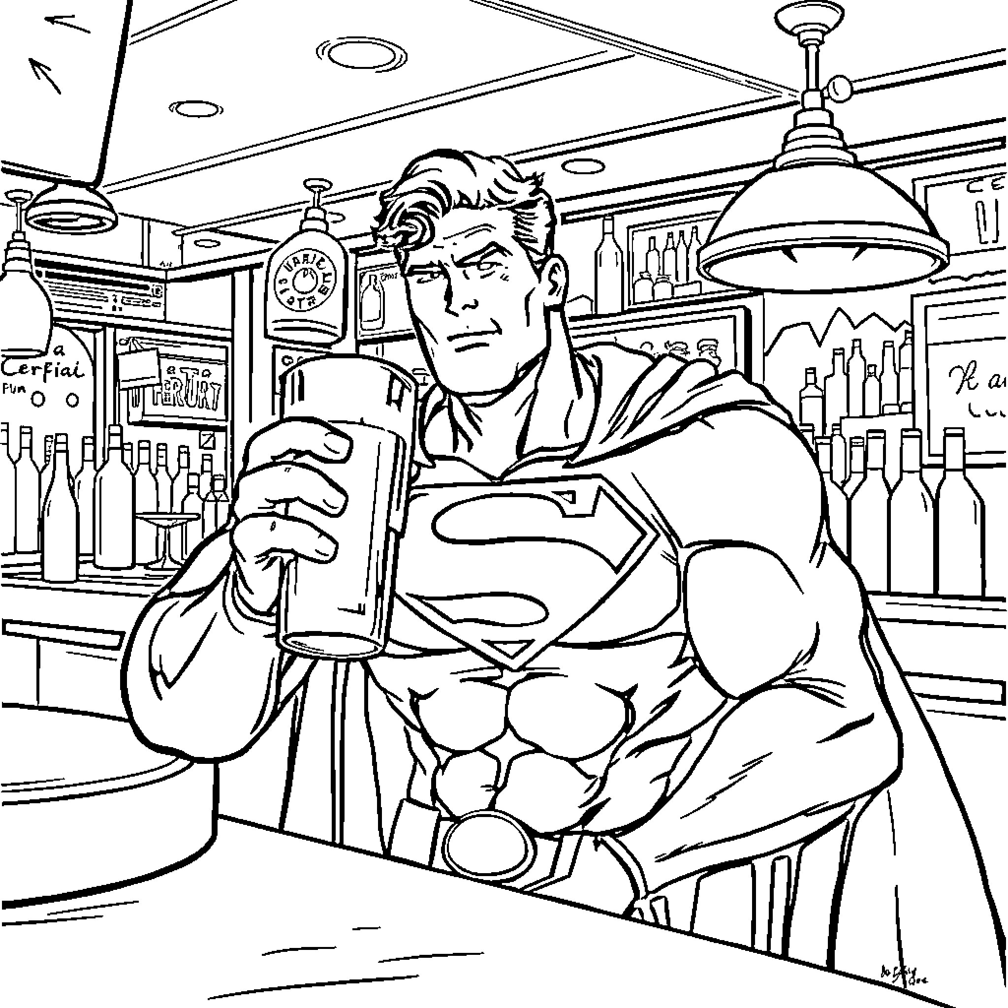 Superman heroically stands in a busy bar Coloring Page (free black-and-white line drawing printable PDF for all, from beginners to advanced learners, including children, teens, adults, and seniors)