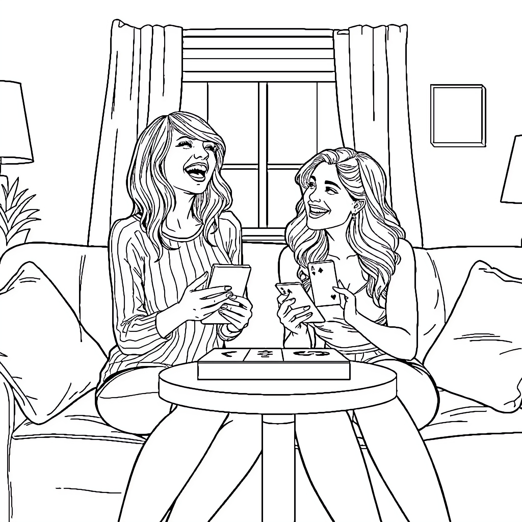 Taylor Swift Enjoying a Cozy Conversation with a Friend Coloring Page (free black-and-white line drawing printable PDF for all, from beginners to advanced learners, including children, teens, adults, and seniors)