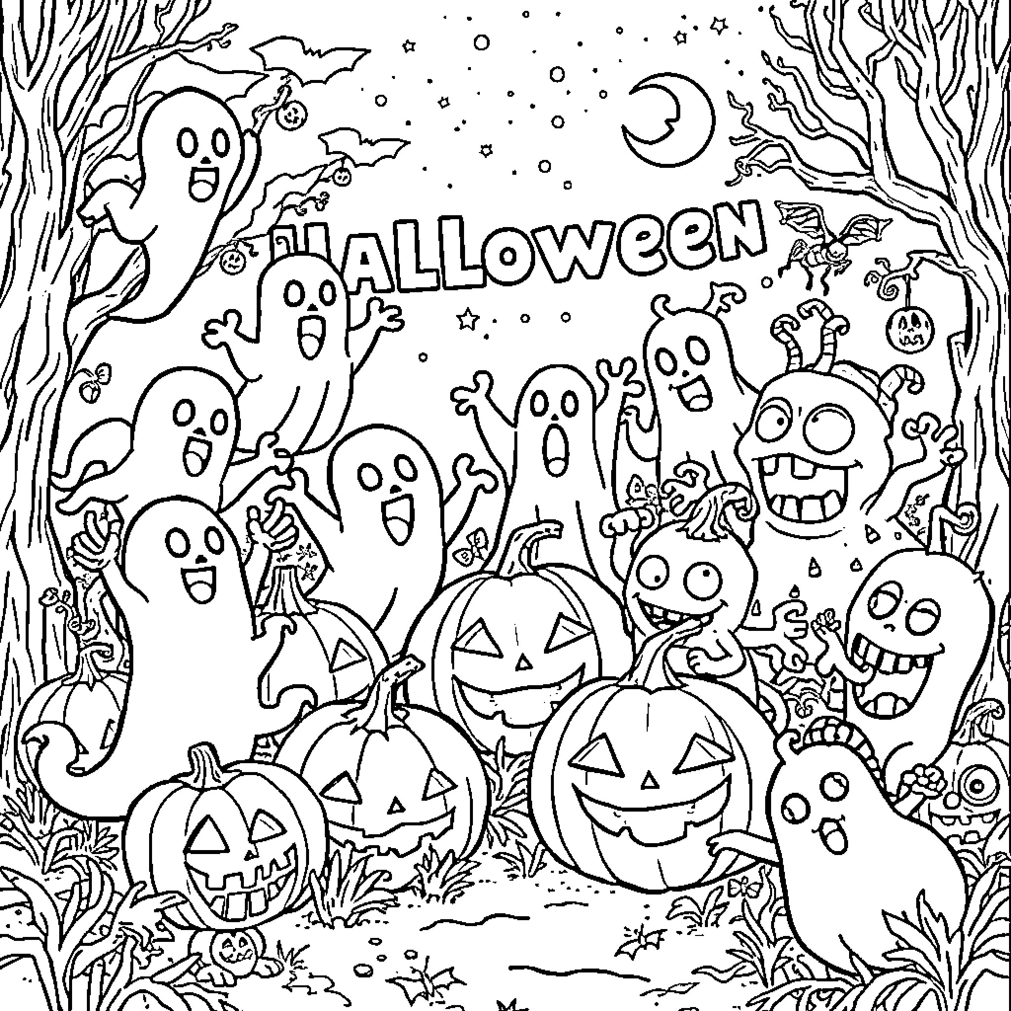 Halloween Creatures and Spooky Scenes Coloring Page (free black-and-white line drawing printable PDF for all, from beginners to advanced learners, including children, teens, adults, and seniors)