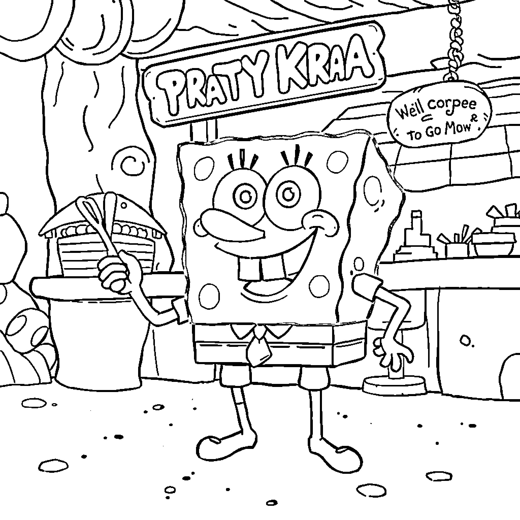 Spongebob working at Krusty Krab restaurant Coloring Page (free black-and-white line drawing printable PDF for all, from beginners to advanced learners, including children, teens, adults, and seniors)