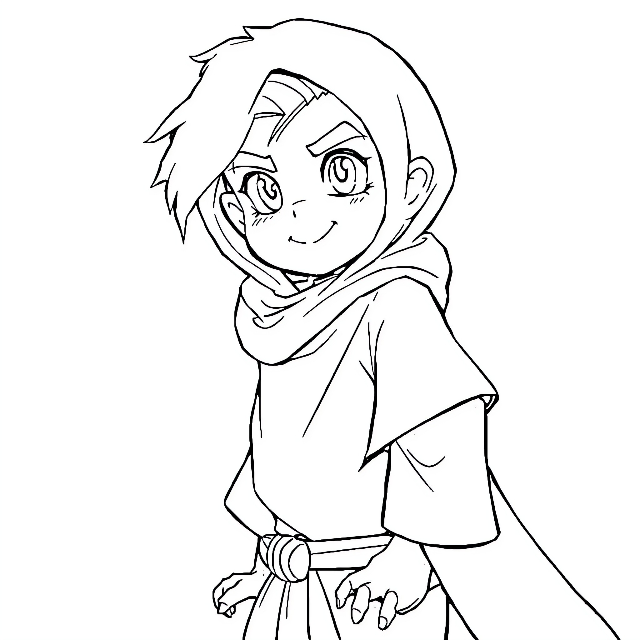 Character in hooded outfit with happy expression Coloring Page (free black-and-white line drawing printable PDF for all, from beginners to advanced learners, including children, teens, adults, and seniors)