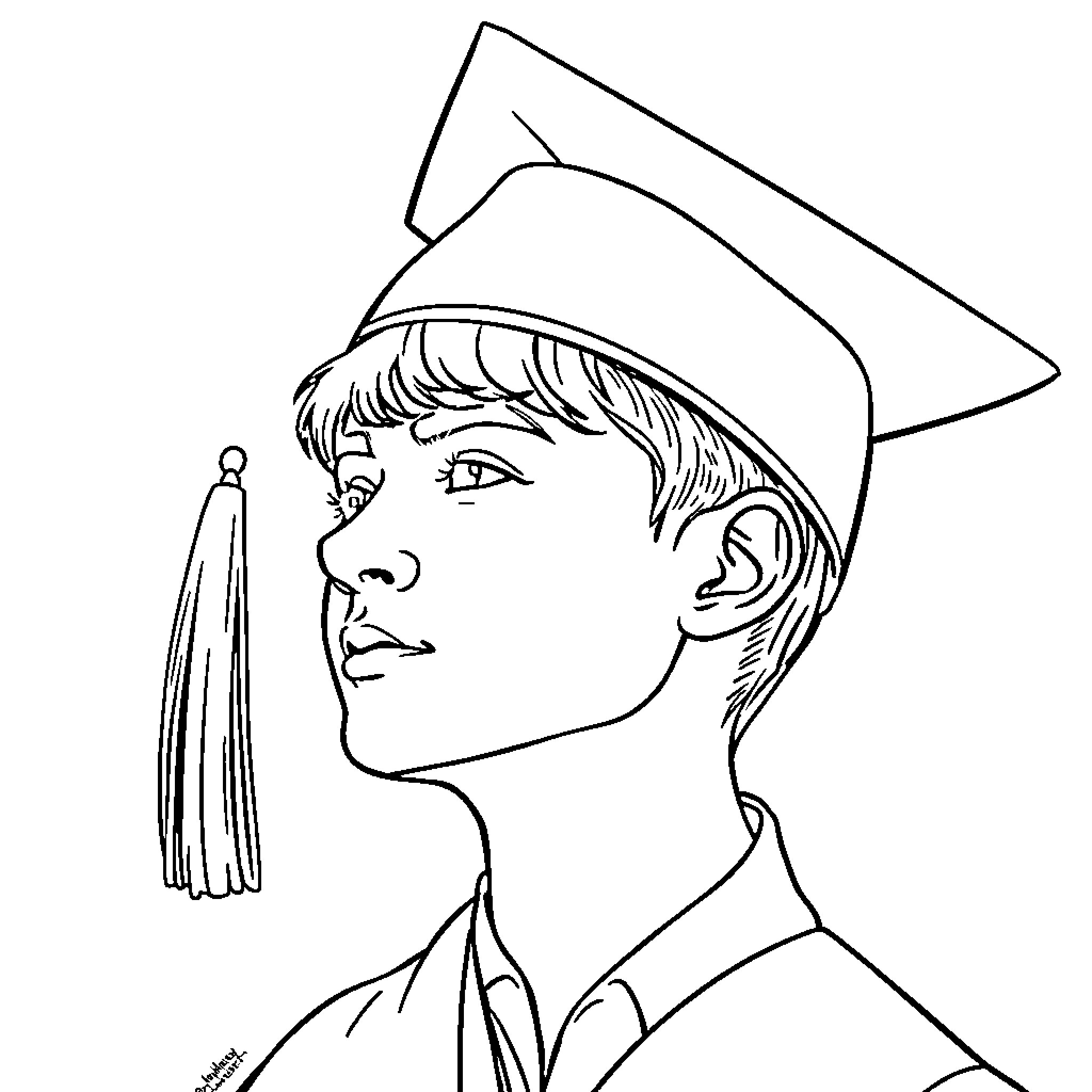Grad student in academic attire Coloring Page (free black-and-white line drawing printable PDF for all, from beginners to advanced learners, including children, teens, adults, and seniors)