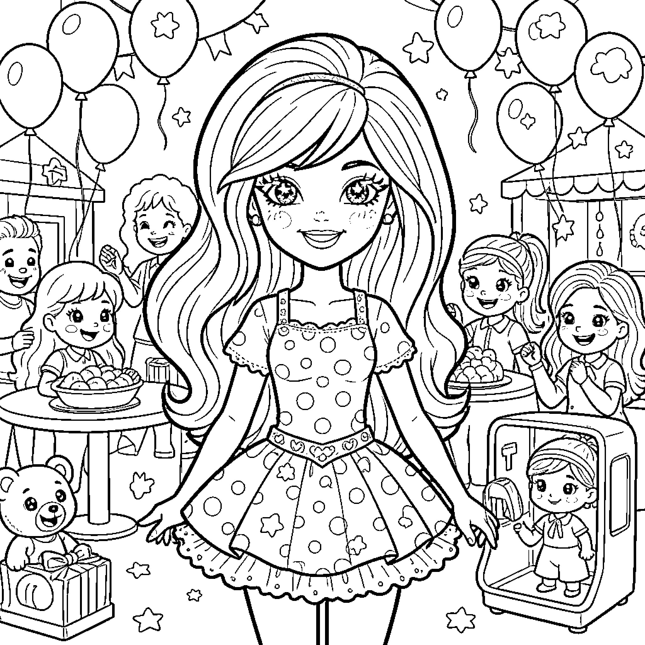 Bibble's Magical Birthday Celebration Coloring Page (free black-and-white line drawing printable PDF for all, from beginners to advanced learners, including children, teens, adults, and seniors)