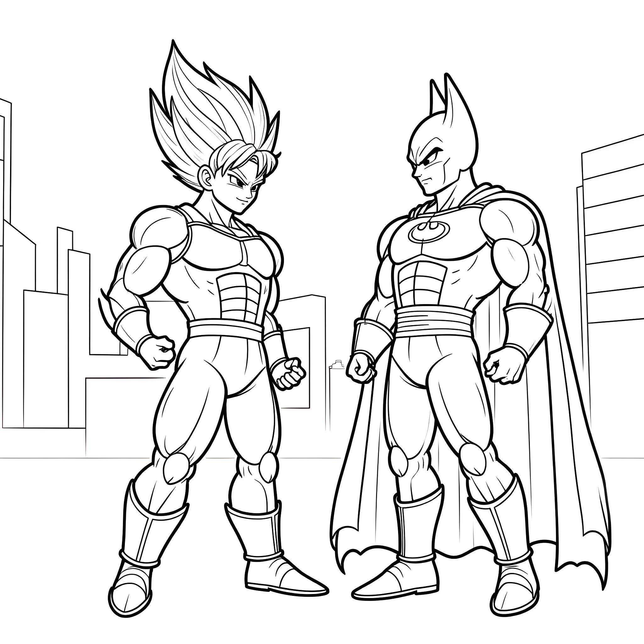 Vegeta and Batman-like Superhero in Heroic Poses Coloring Page (free black-and-white line drawing printable PDF for all, from beginners to advanced learners, including children, teens, adults, and seniors)