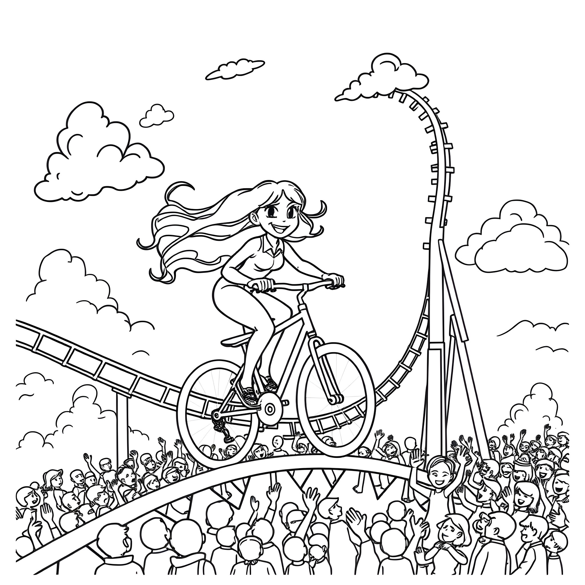 Bluey cycling on a rollercoaster with a crowd Coloring Page (free black-and-white line drawing printable PDF for all, from beginners to advanced learners, including children, teens, adults, and seniors)