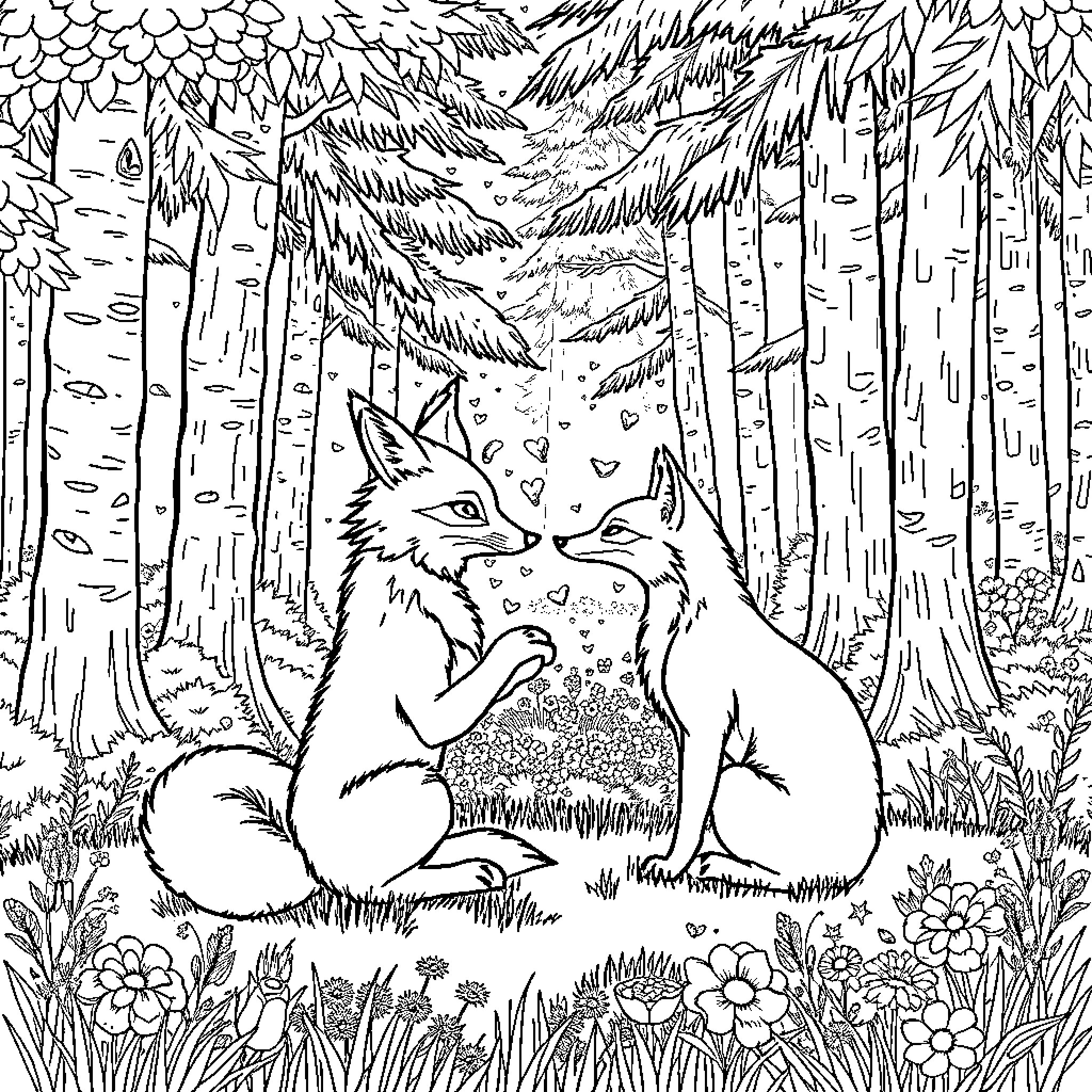 Fox Couple Sharing Affection in Forest Coloring Page (free black-and-white line drawing printable PDF for all, from beginners to advanced learners, including children, teens, adults, and seniors)