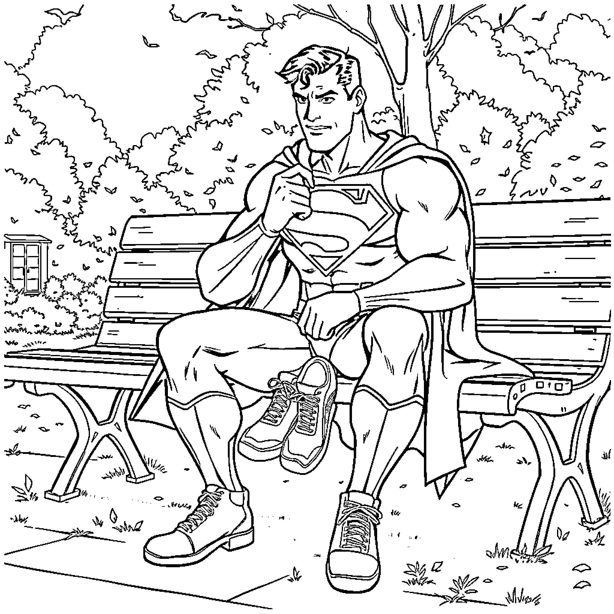 Superman resting peacefully on a park bench Coloring Page (free black-and-white line drawing printable PDF for all, from beginners to advanced learners, including children, teens, adults, and seniors)