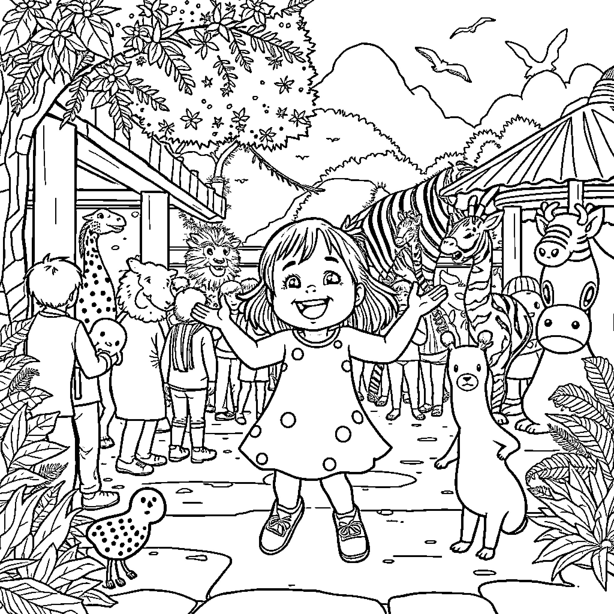 Gir explores the whimsical world with animal friends Coloring Page (free black-and-white line drawing printable PDF for all, from beginners to advanced learners, including children, teens, adults, and seniors)