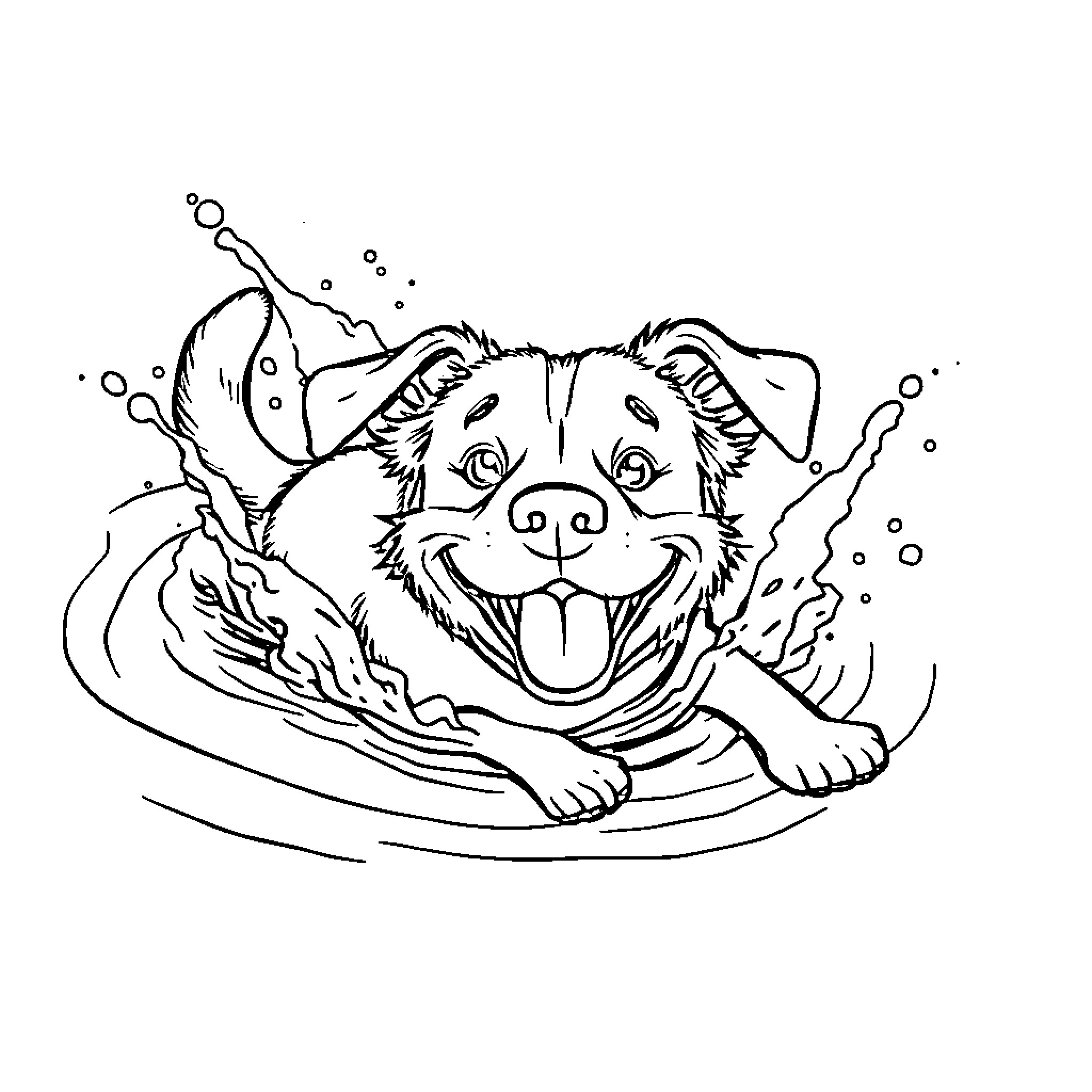 Dog Happily Swimming in the Water Coloring Page (free black-and-white line drawing printable PDF for all, from beginners to advanced learners, including children, teens, adults, and seniors)