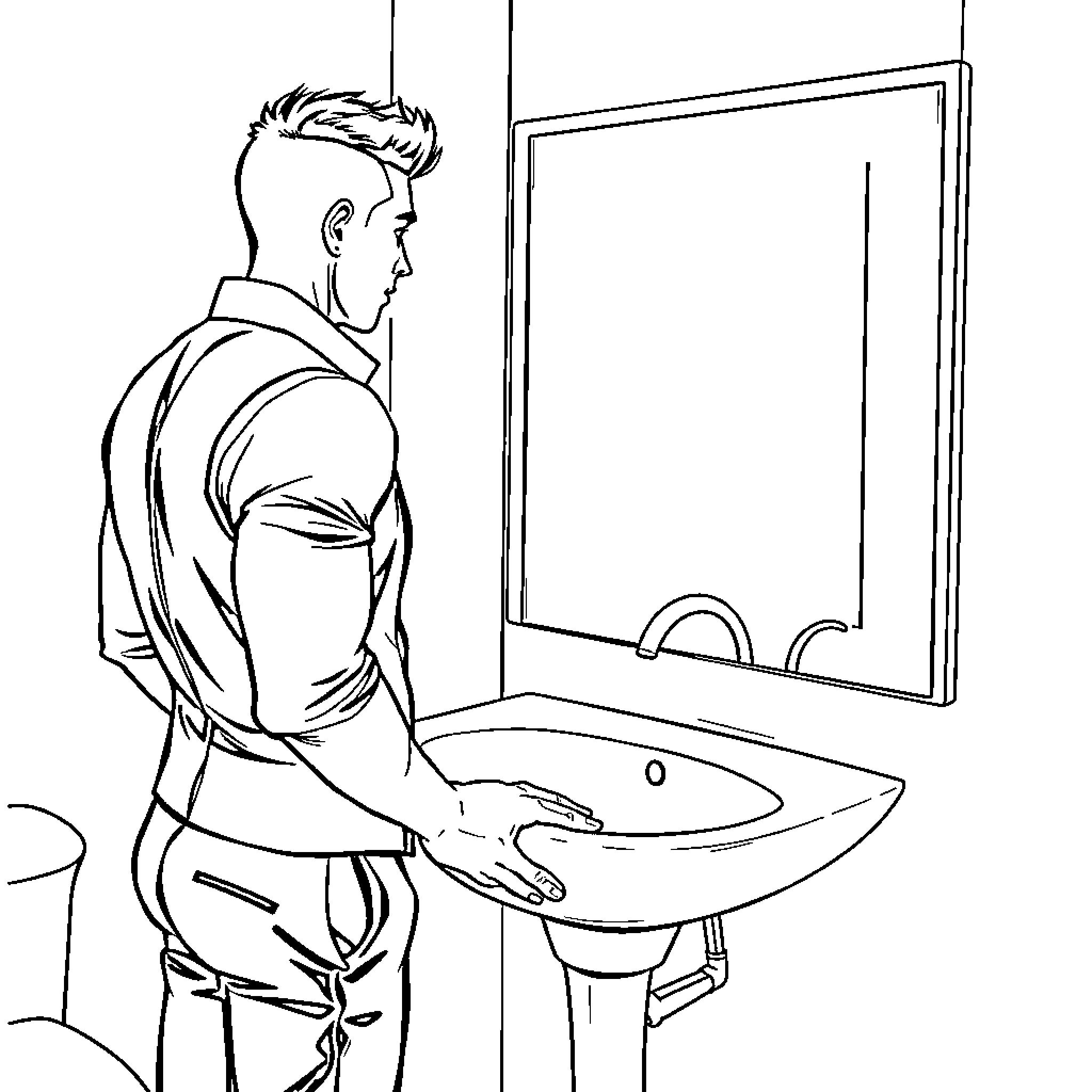 Man washing hands in the bathroom Coloring Page (free black-and-white line drawing printable PDF for all, from beginners to advanced learners, including children, teens, adults, and seniors)