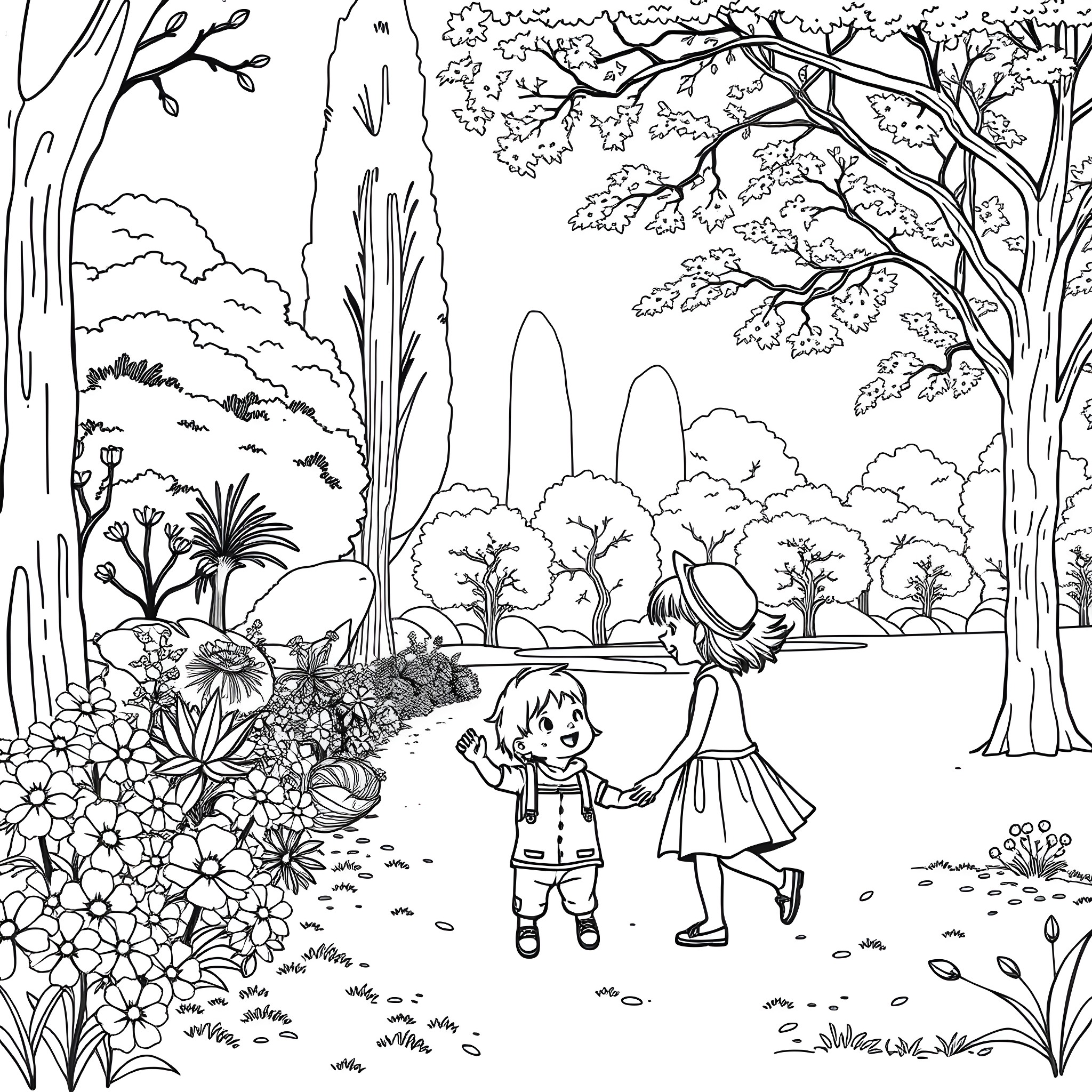 Child playing happily in a lush natural landscape Coloring Page (free black-and-white line drawing printable PDF for all, from beginners to advanced learners, including children, teens, adults, and seniors)