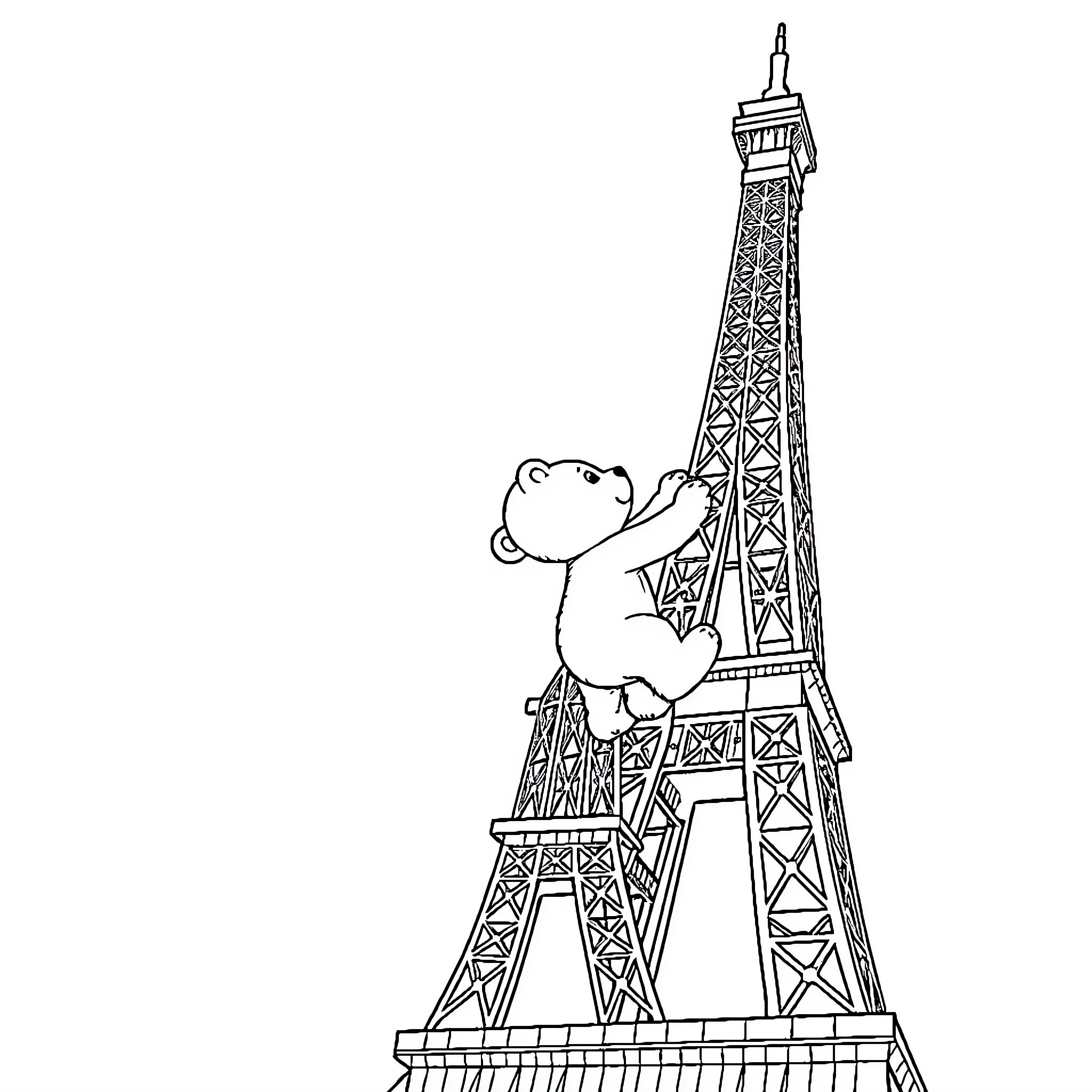 Teddy Bear exploring the Eiffel Tower Coloring Page (free black-and-white line drawing printable PDF for all, from beginners to advanced learners, including children, teens, adults, and seniors)