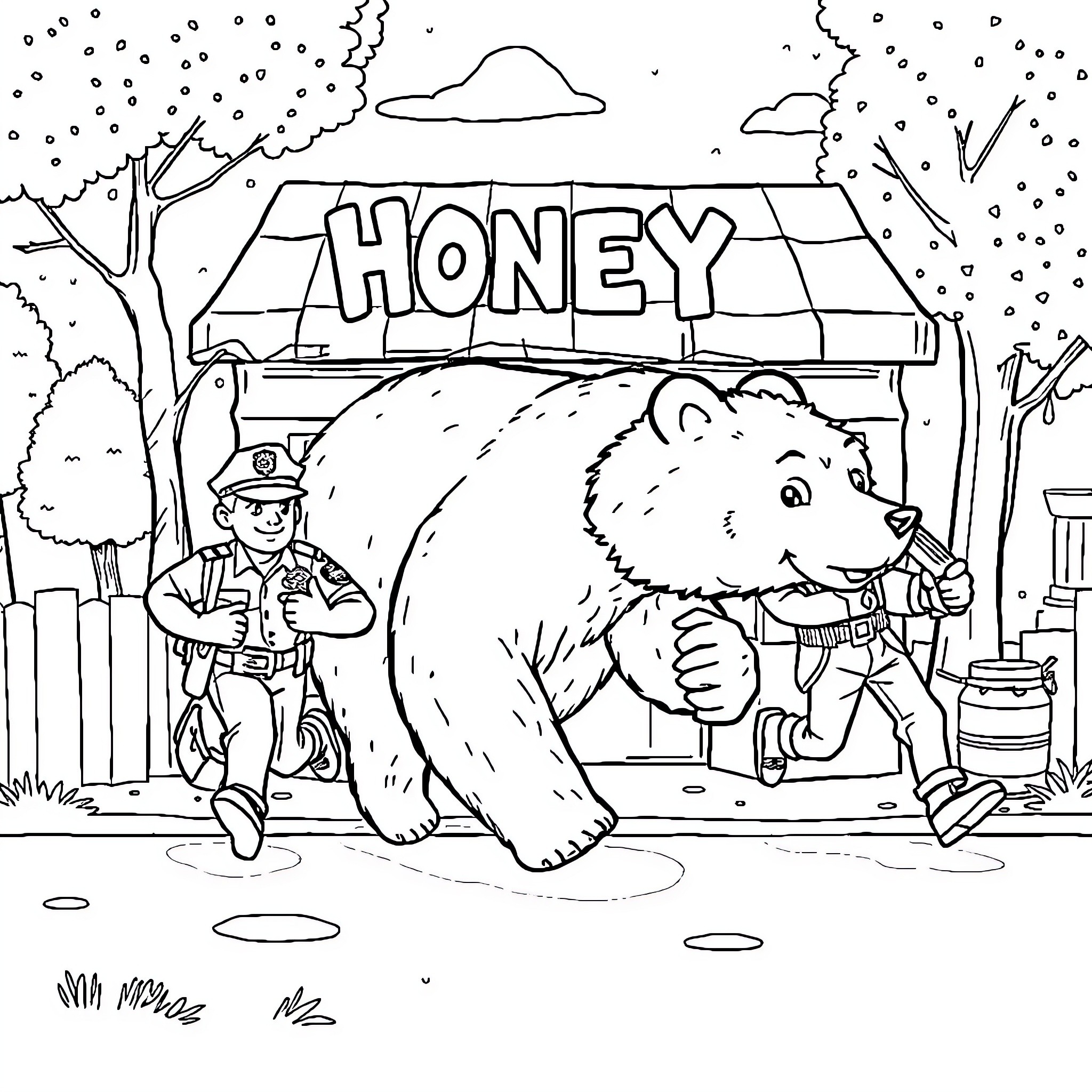 Bear Raiding Honey Hut with Owner Coloring Page (free black-and-white line drawing printable PDF for all, from beginners to advanced learners, including children, teens, adults, and seniors)