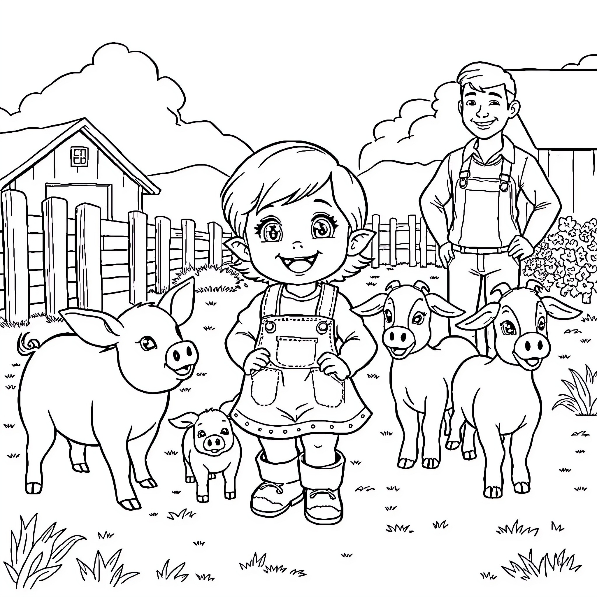 Girl exploring a farm with friendly animals Coloring Page (free black-and-white line drawing printable PDF for all, from beginners to advanced learners, including children, teens, adults, and seniors)