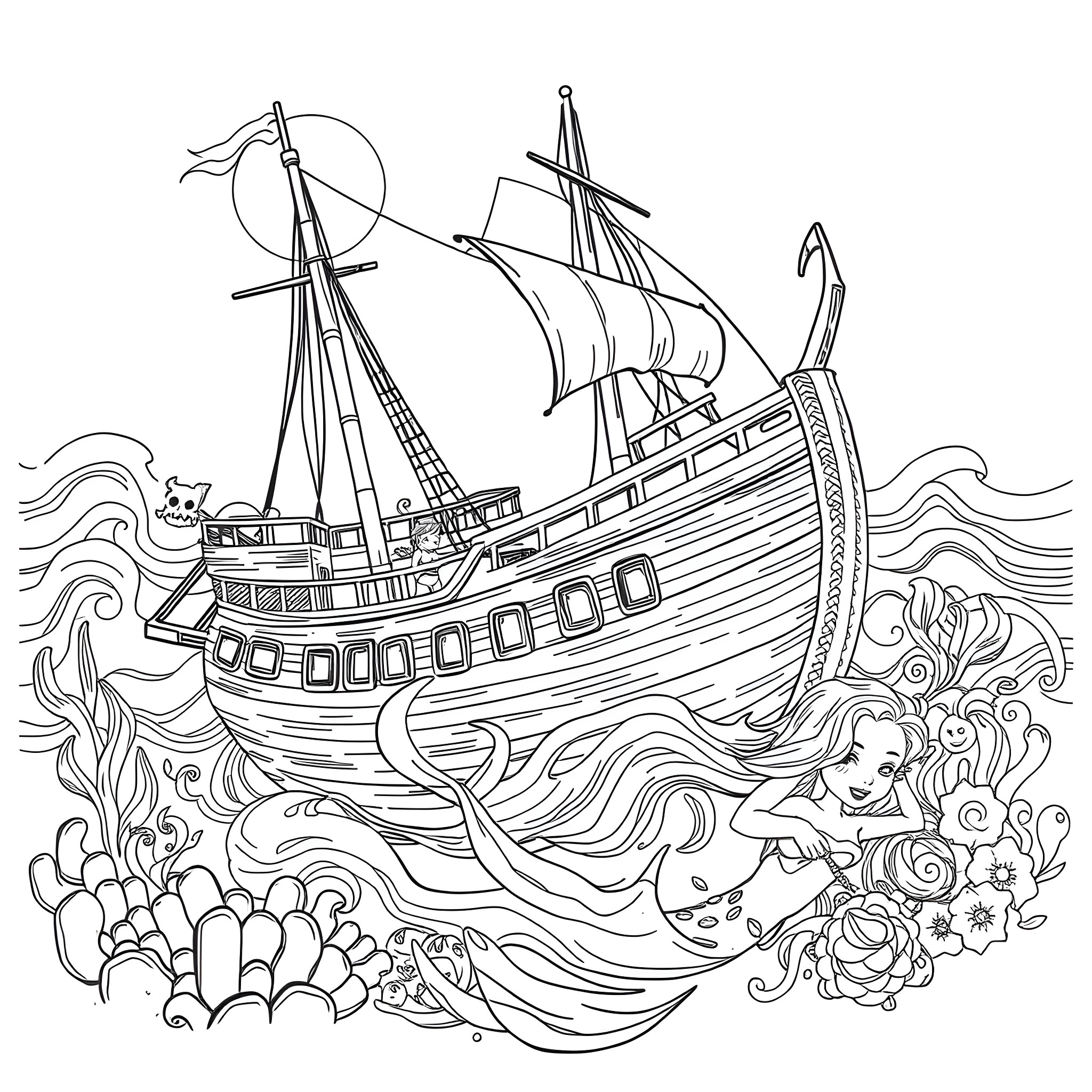 Mermaid sailing on a majestic ship amidst the ocean Coloring Page (free black-and-white line drawing printable PDF for all, from beginners to advanced learners, including children, teens, adults, and seniors)