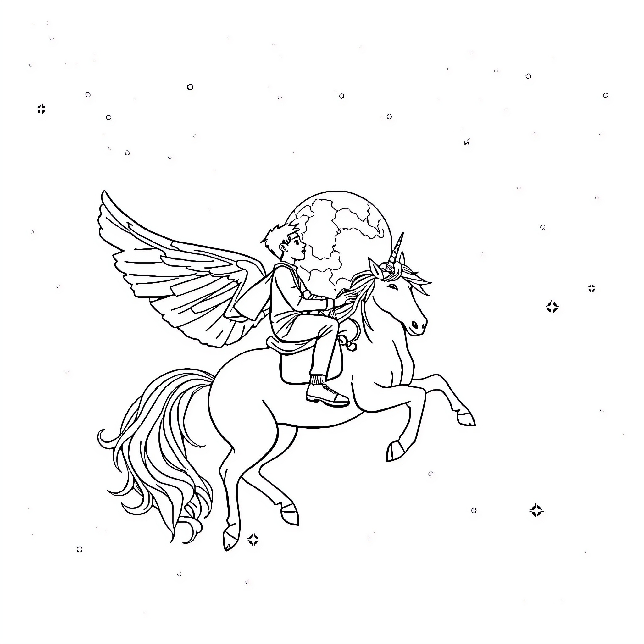 Man riding magical unicorn through the night sky Coloring Page (free black-and-white line drawing printable PDF for all, from beginners to advanced learners, including children, teens, adults, and seniors)