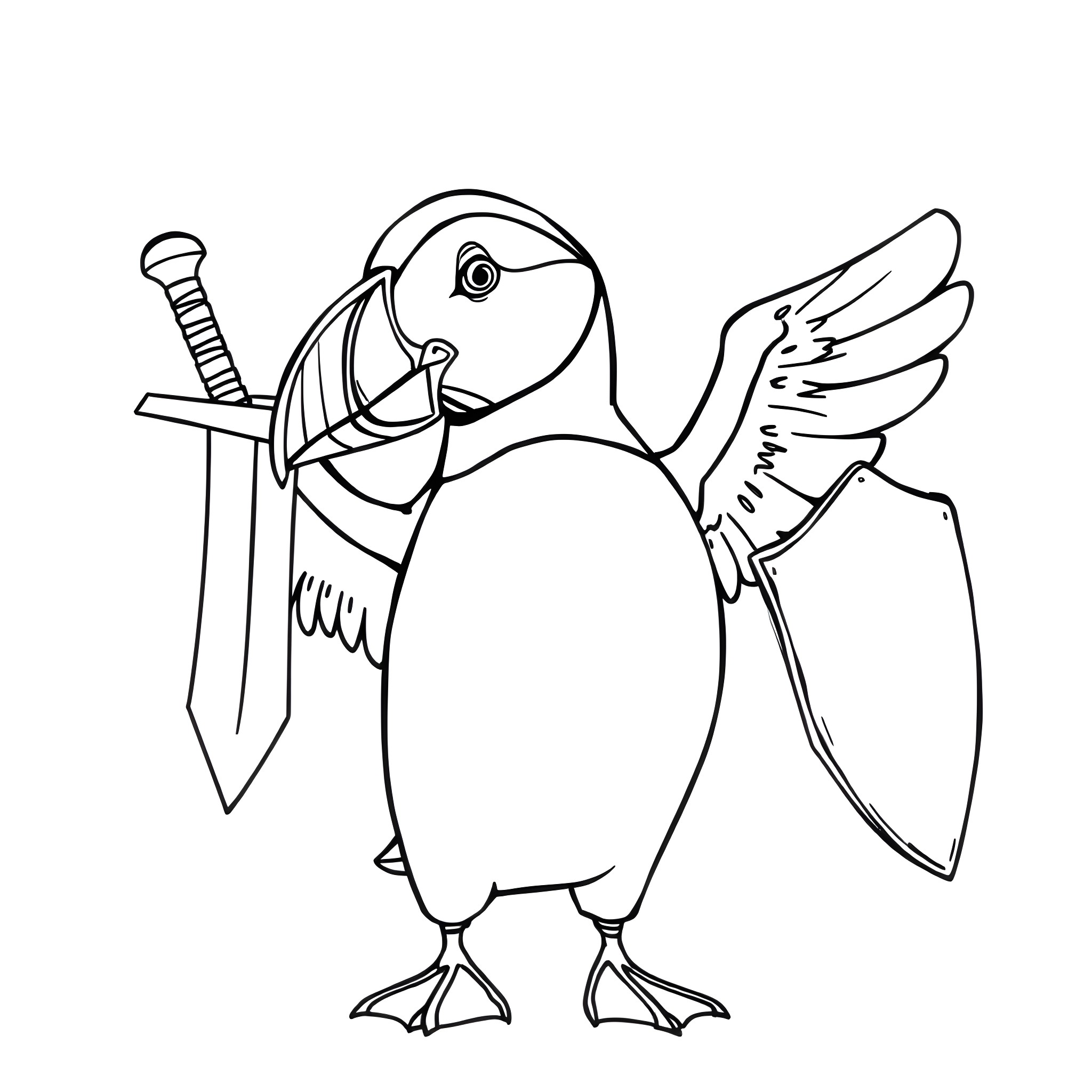 Puffin with sword and shield Coloring Page (free black-and-white line drawing printable PDF for all, from beginners to advanced learners, including children, teens, adults, and seniors)