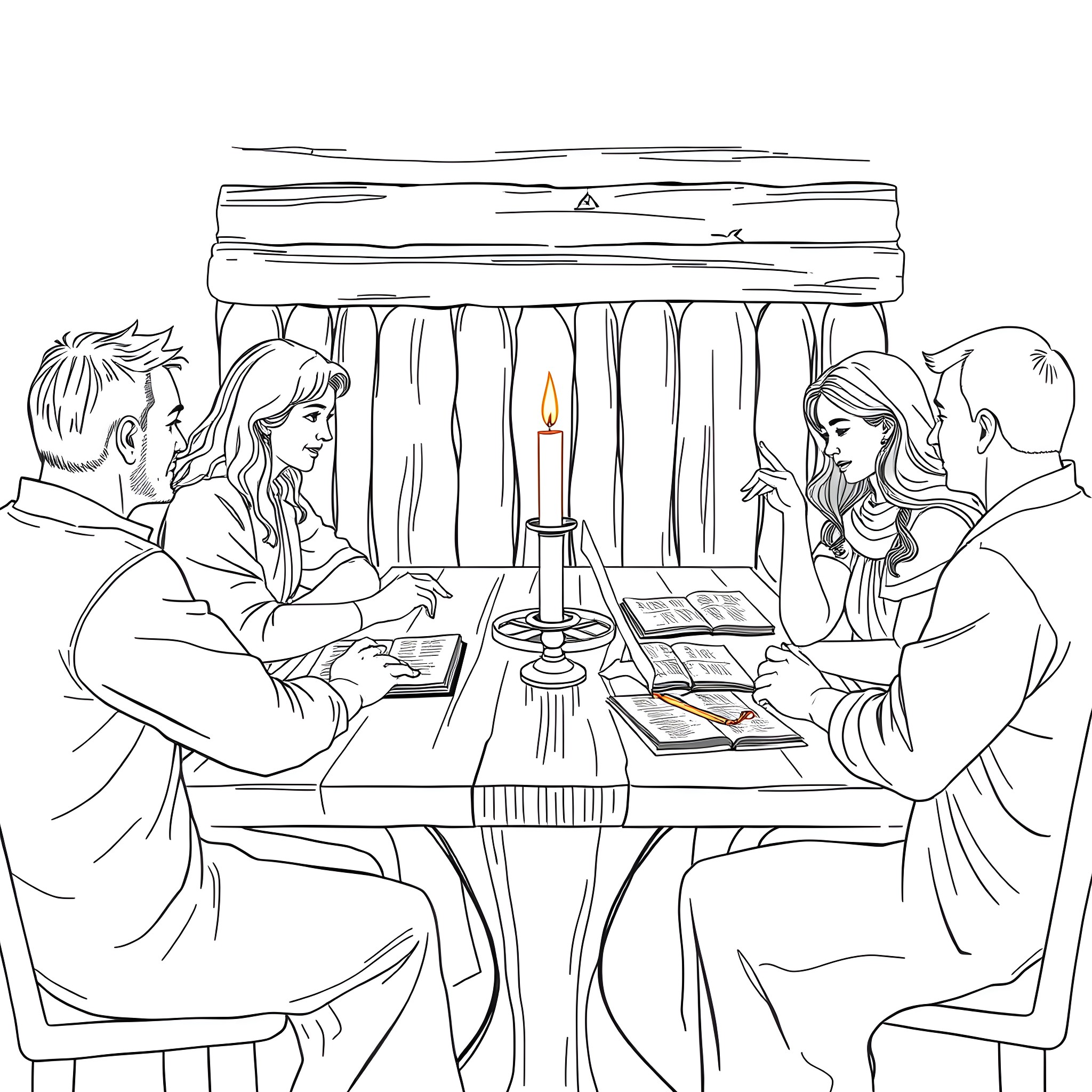 Bible Study Group Gathered at Table Coloring Page (free black-and-white line drawing printable PDF for all, from beginners to advanced learners, including children, teens, adults, and seniors)