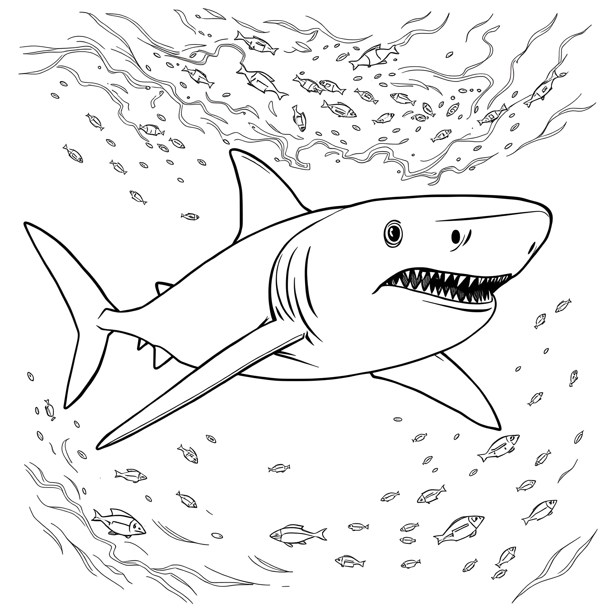 Shark swimming amidst a school of fish Coloring Page (free black-and-white line drawing printable PDF for all, from beginners to advanced learners, including children, teens, adults, and seniors)