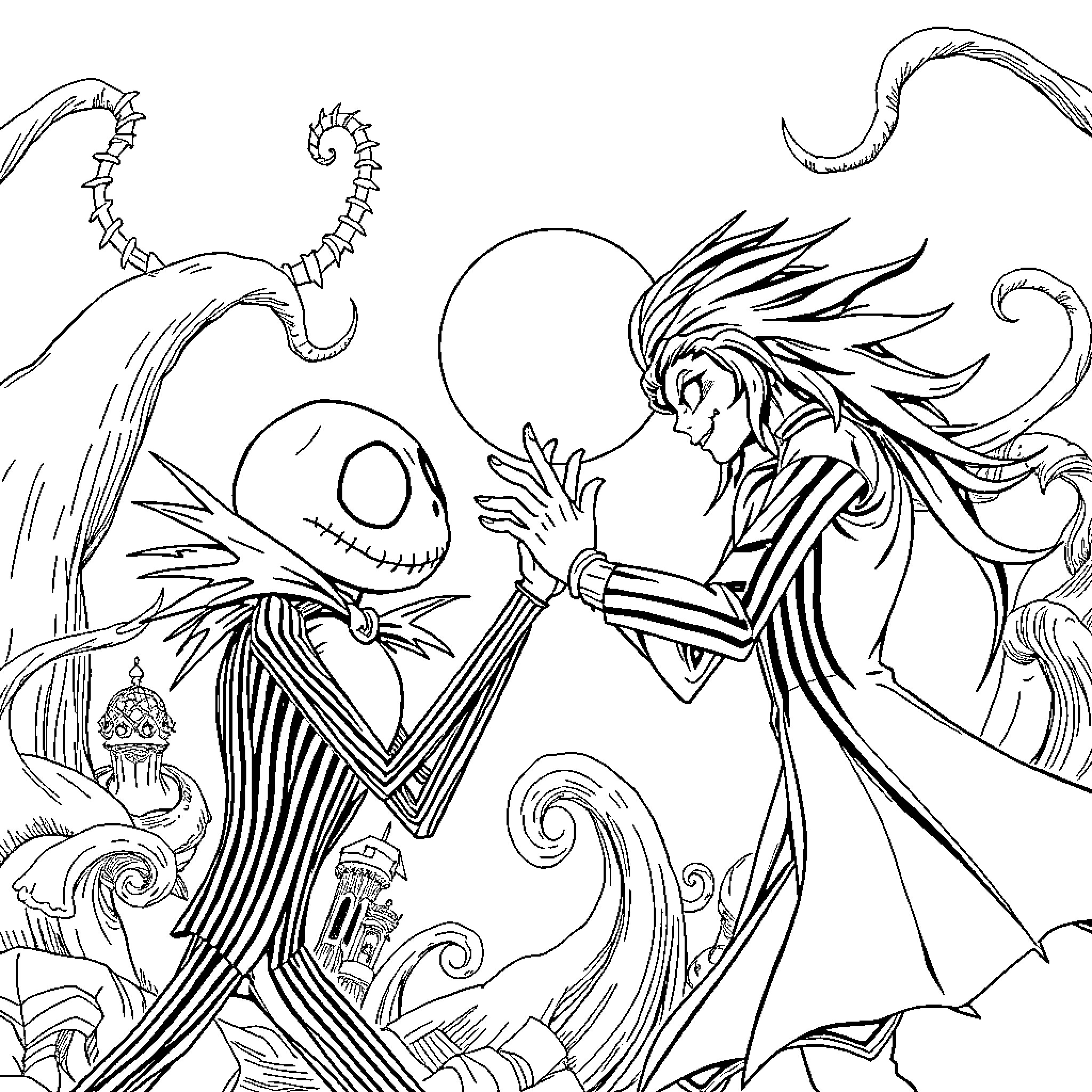 Jack Skeleton high fiving Sally in a whimsical landscape Coloring Page (free black-and-white line drawing printable PDF for all, from beginners to advanced learners, including children, teens, adults, and seniors)