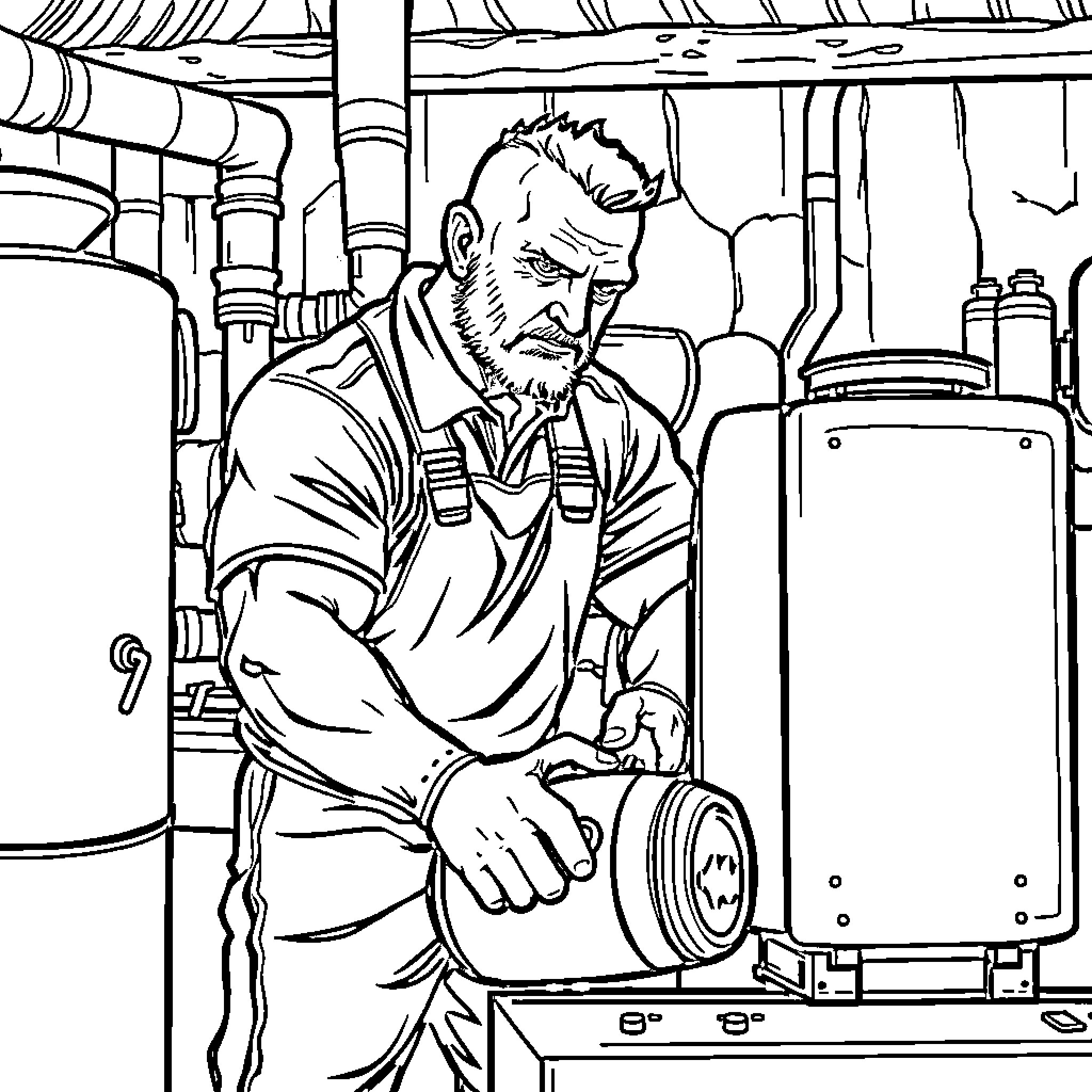 Rugby Player in Mechanical Workshop Coloring Page (free black-and-white line drawing printable PDF for all, from beginners to advanced learners, including children, teens, adults, and seniors)