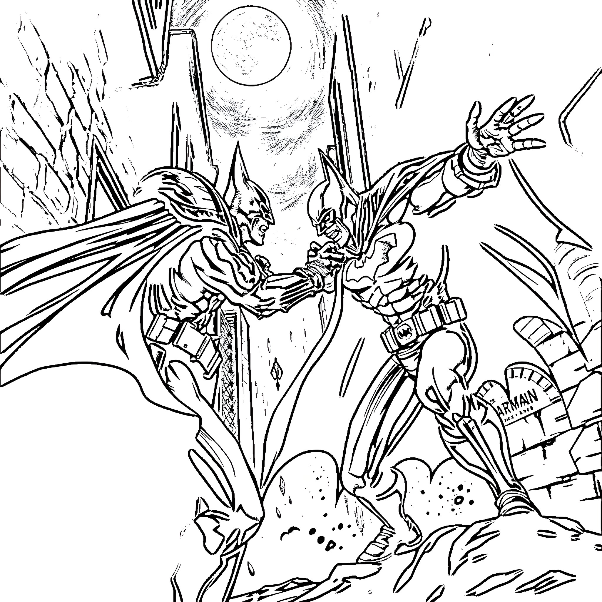 Vampire Superheroes Battling in the Ruins Coloring Page (free black-and-white line drawing printable PDF for all, from beginners to advanced learners, including children, teens, adults, and seniors)