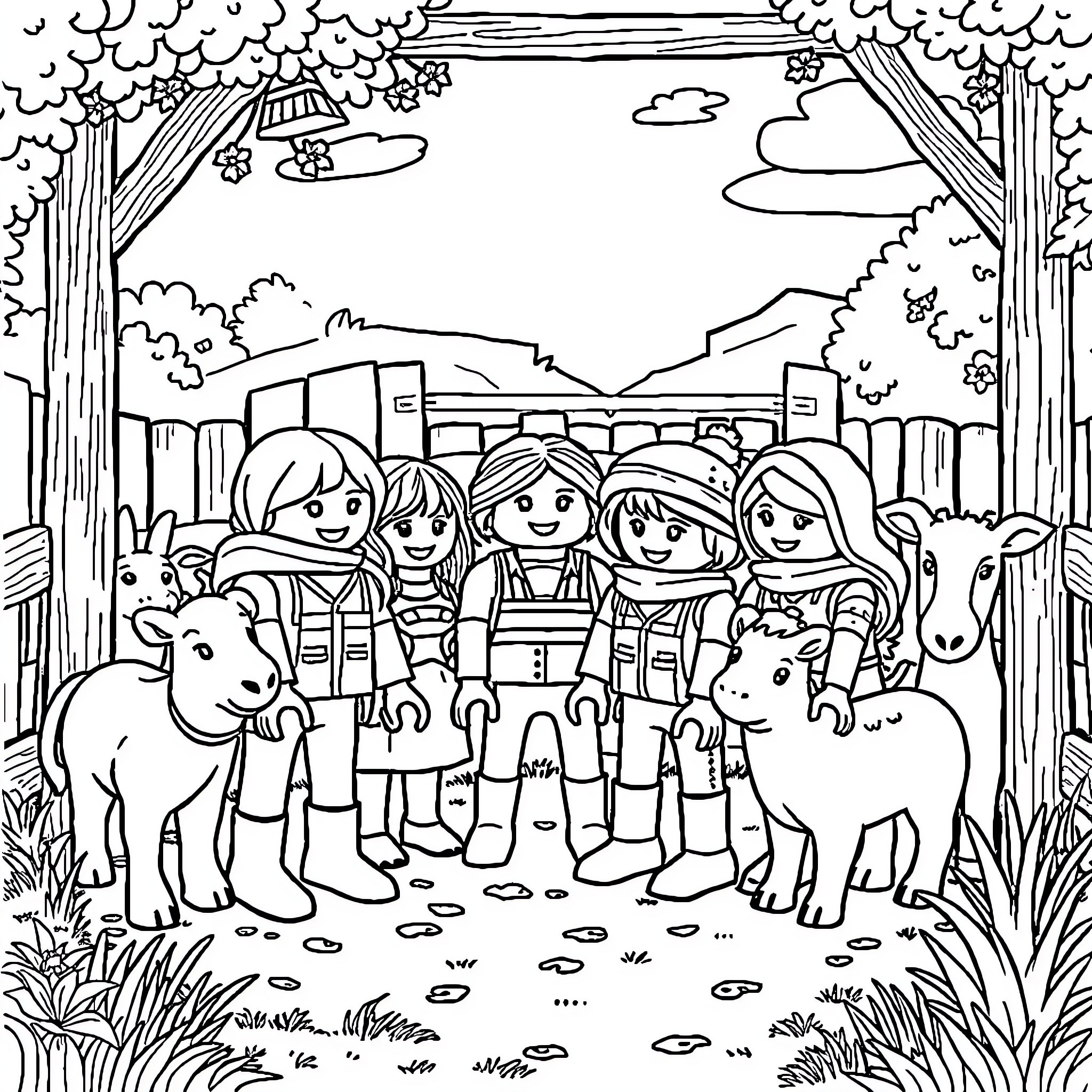 Playmobil characters exploring the forest with animals Coloring Page (free black-and-white line drawing printable PDF for all, from beginners to advanced learners, including children, teens, adults, and seniors)