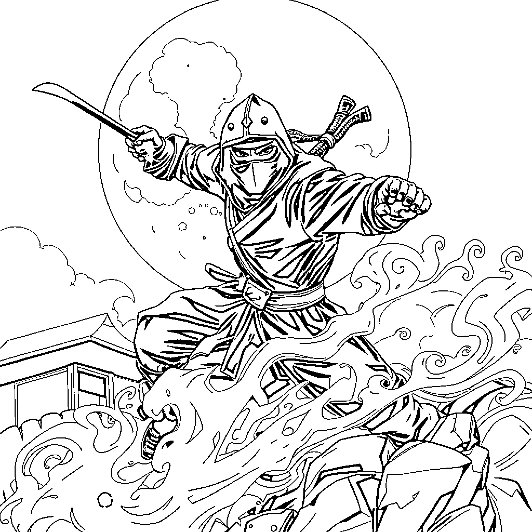 Ninja warrior wielding sword in dramatic scene Coloring Page (free black-and-white line drawing printable PDF for all, from beginners to advanced learners, including children, teens, adults, and seniors)