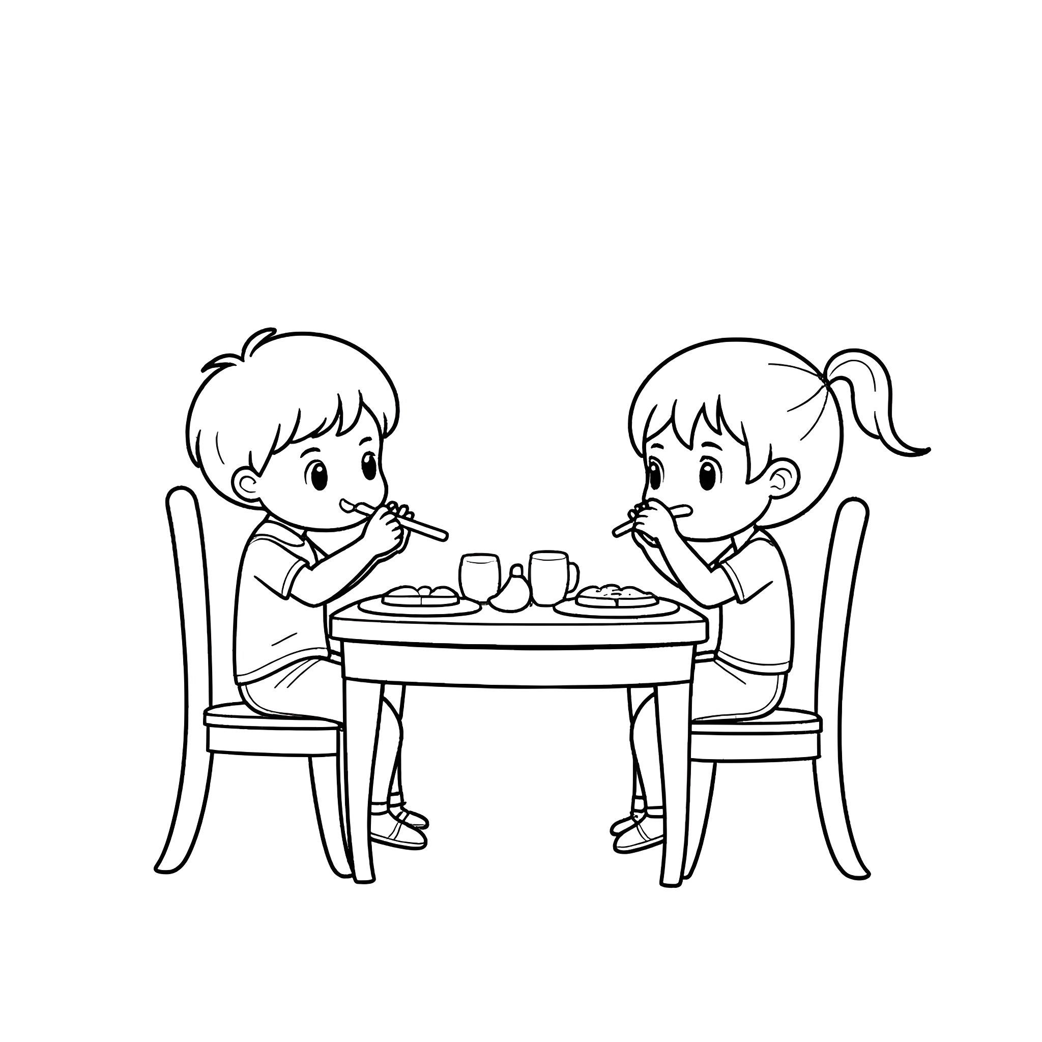 Children Enjoying a Meal Together Coloring Page (free black-and-white line drawing printable PDF for all, from beginners to advanced learners, including children, teens, adults, and seniors)