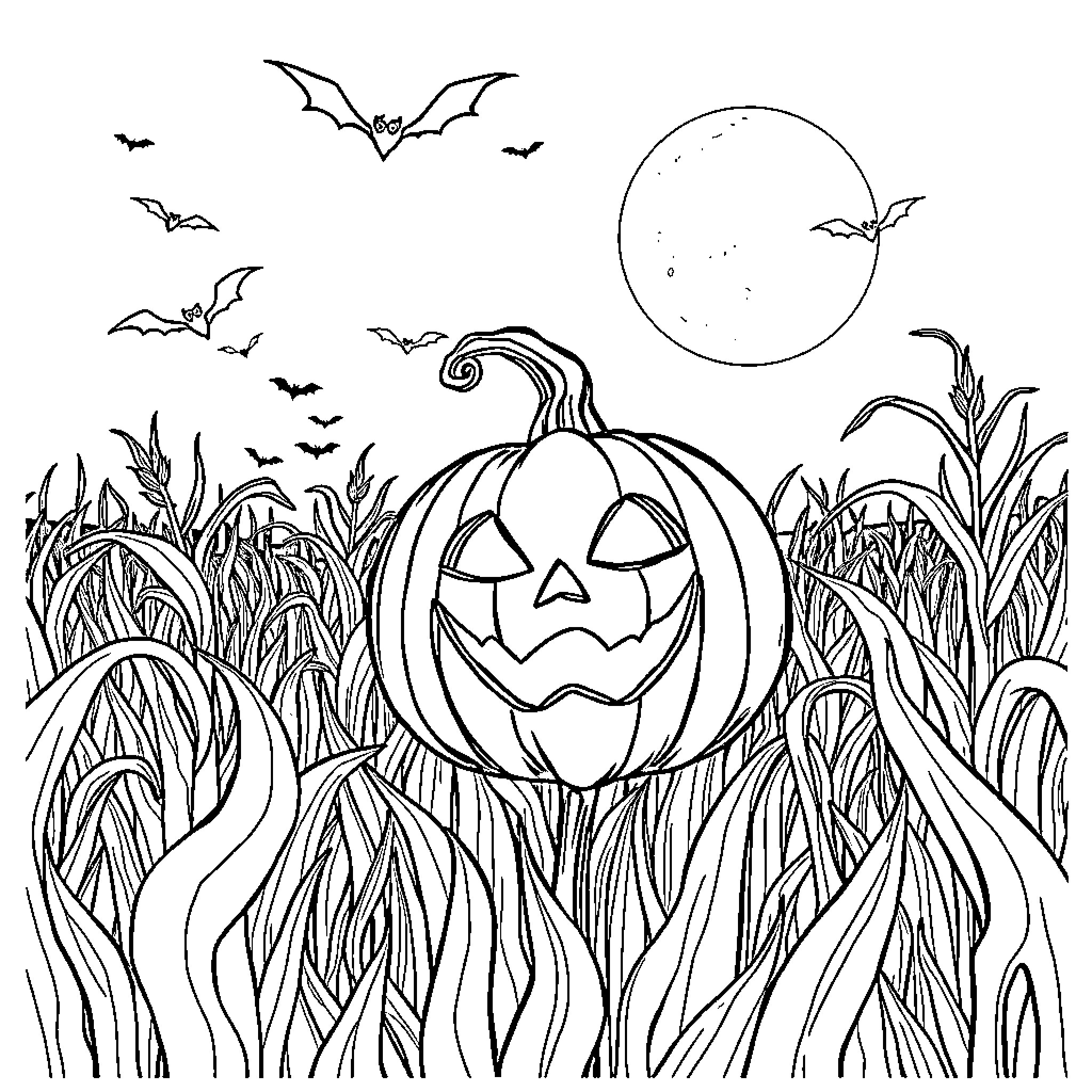 Jackolantern in spooky night landscape Coloring Page (free black-and-white line drawing printable PDF for all, from beginners to advanced learners, including children, teens, adults, and seniors)