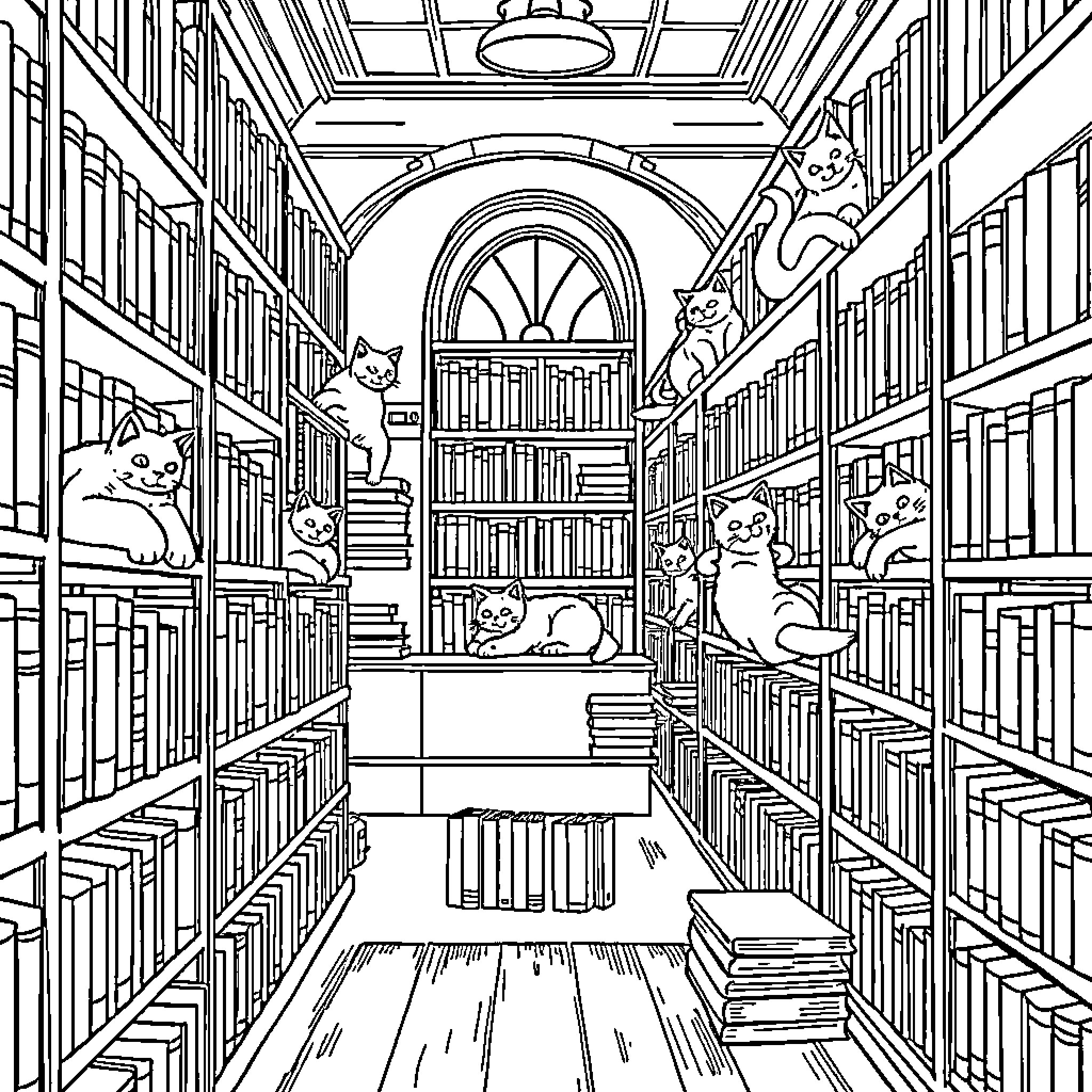 Cats exploring a cozy library Coloring Page (free black-and-white line drawing printable PDF for all, from beginners to advanced learners, including children, teens, adults, and seniors)