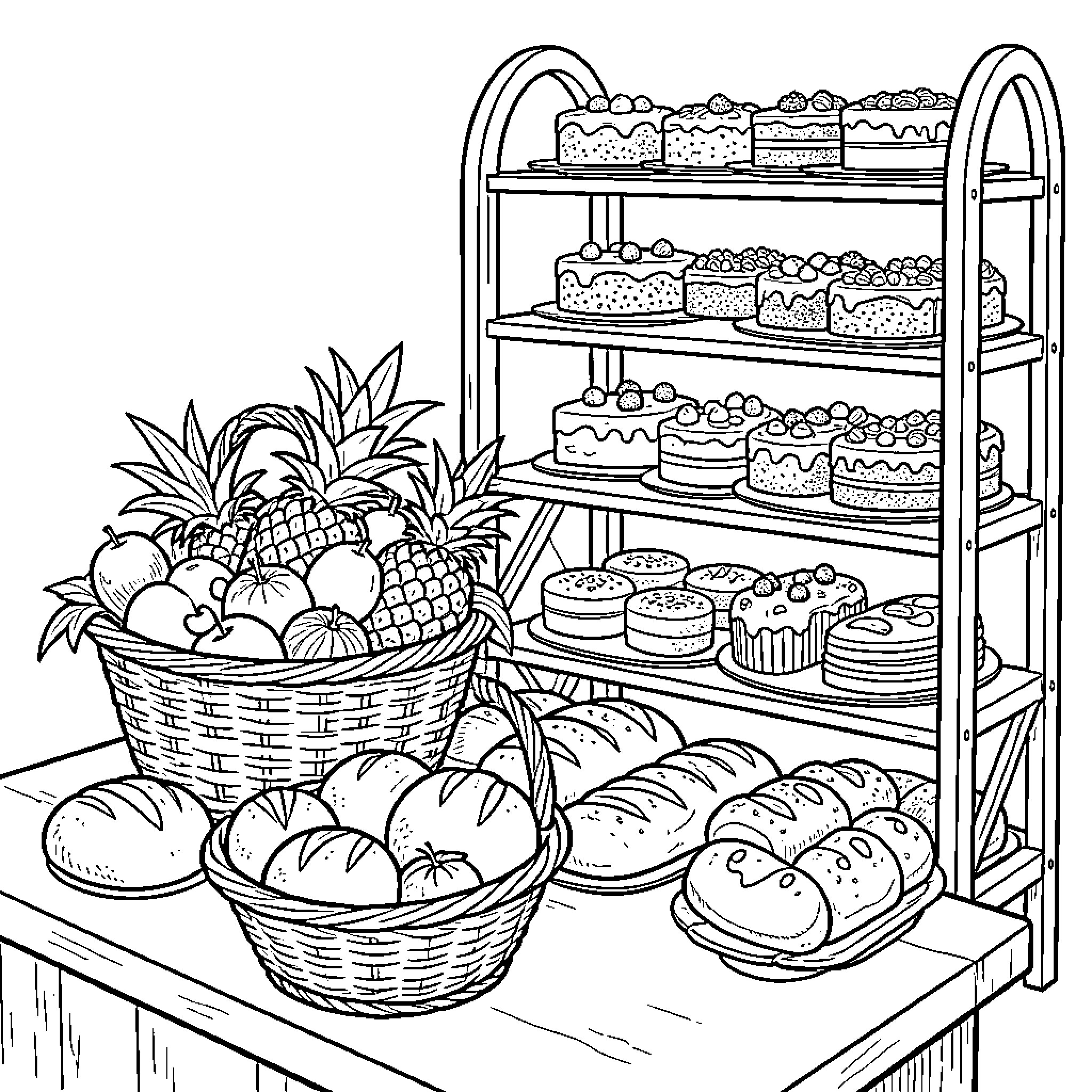 Fruit and baked goods displayed on a market stall Coloring Page (free black-and-white line drawing printable PDF for all, from beginners to advanced learners, including children, teens, adults, and seniors)
