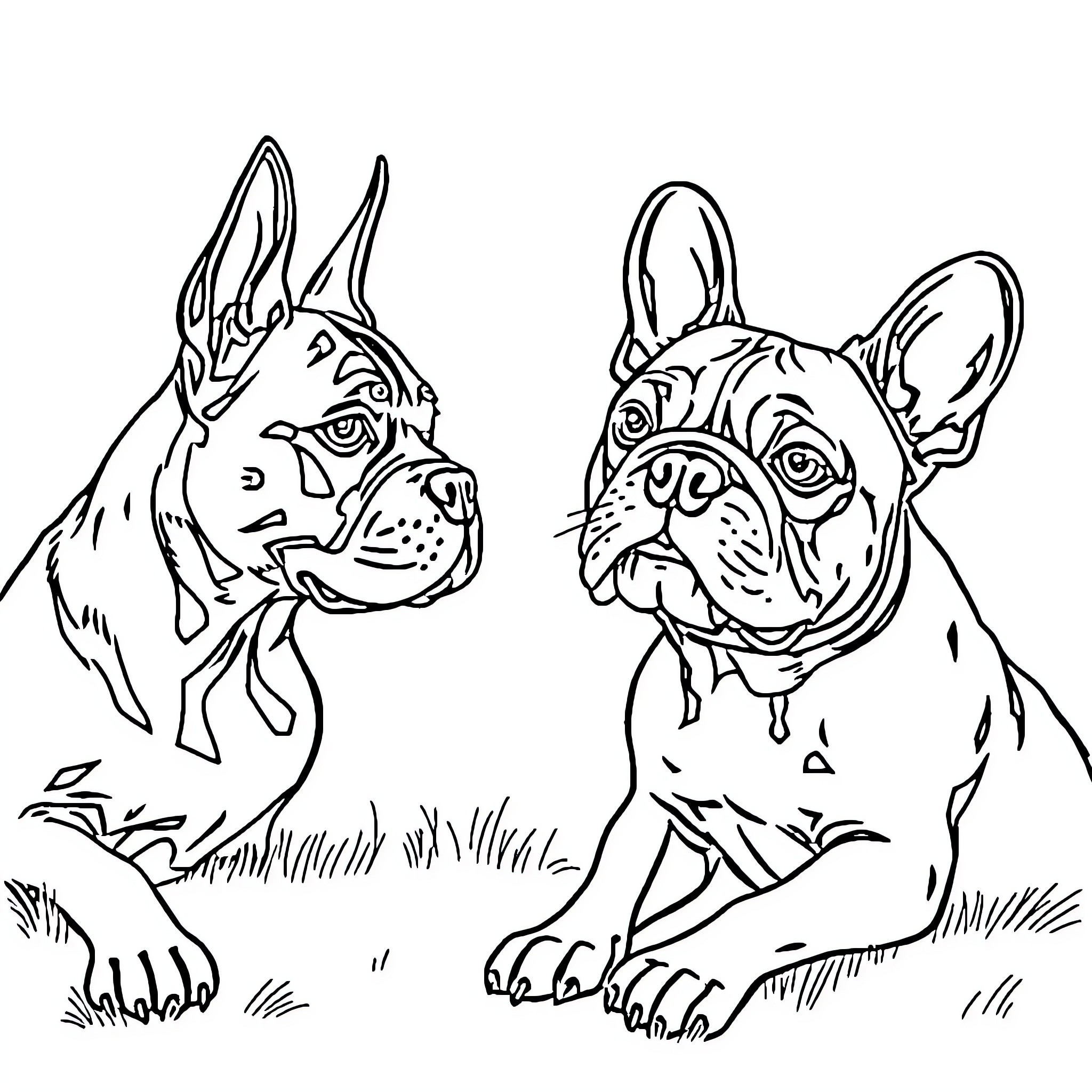 Dogs playing together in the grass Coloring Page (free black-and-white line drawing printable PDF for all, from beginners to advanced learners, including children, teens, adults, and seniors)