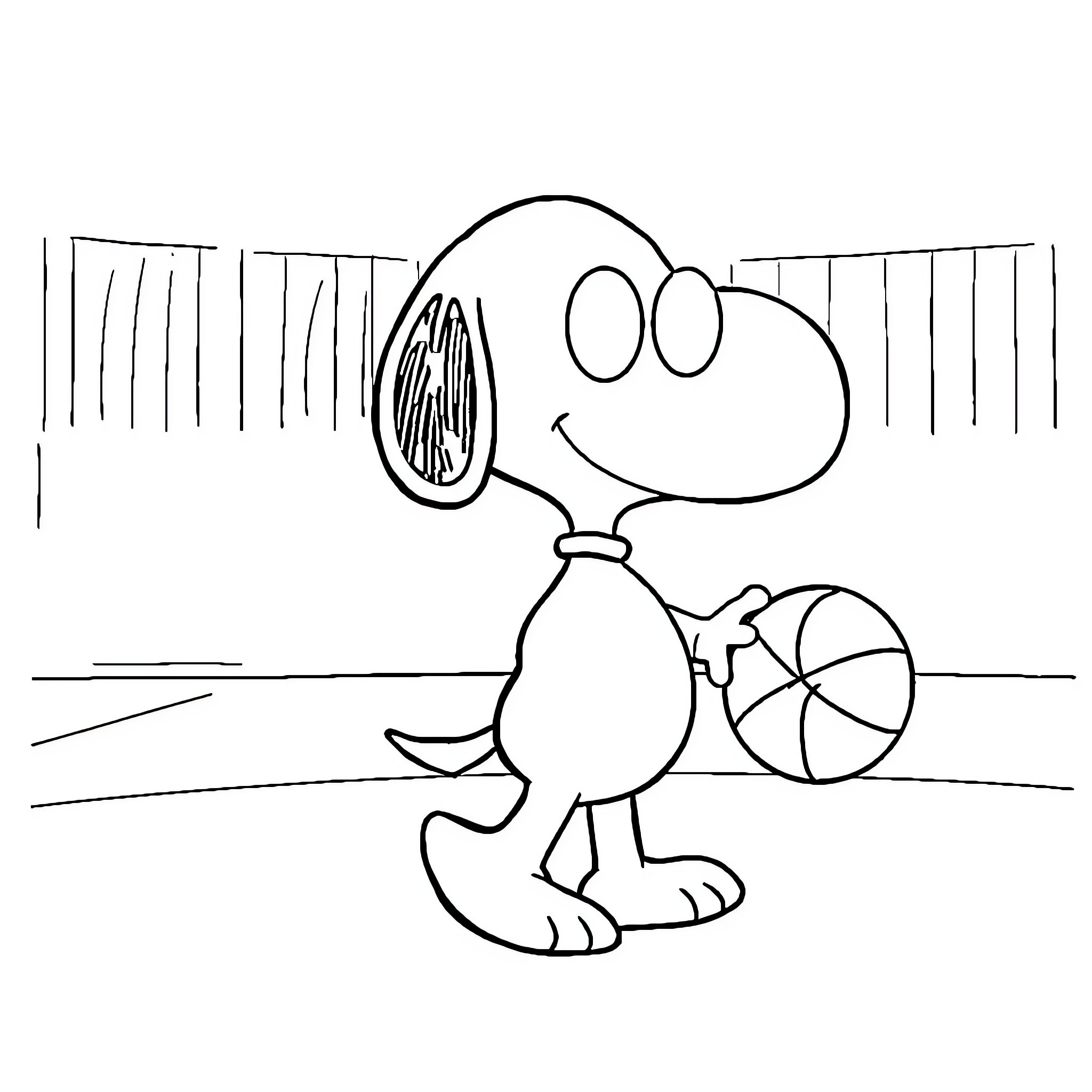 Snoopy playing with a basketball Coloring Page (free black-and-white line drawing printable PDF for all, from beginners to advanced learners, including children, teens, adults, and seniors)