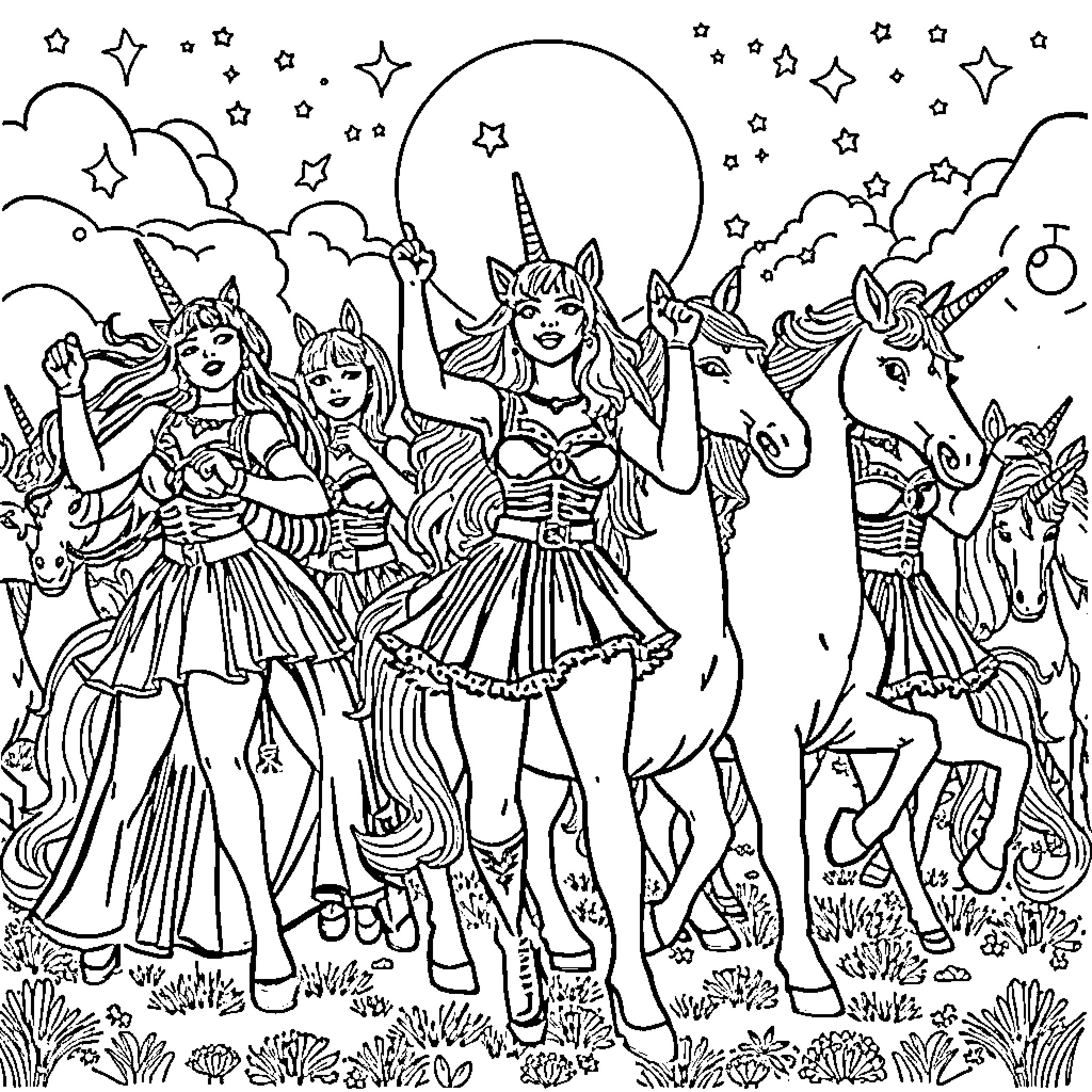 K-Pop Warriors in Fantastical Outfits and Poses Coloring Page (free black-and-white line drawing printable PDF for all, from beginners to advanced learners, including children, teens, adults, and seniors)