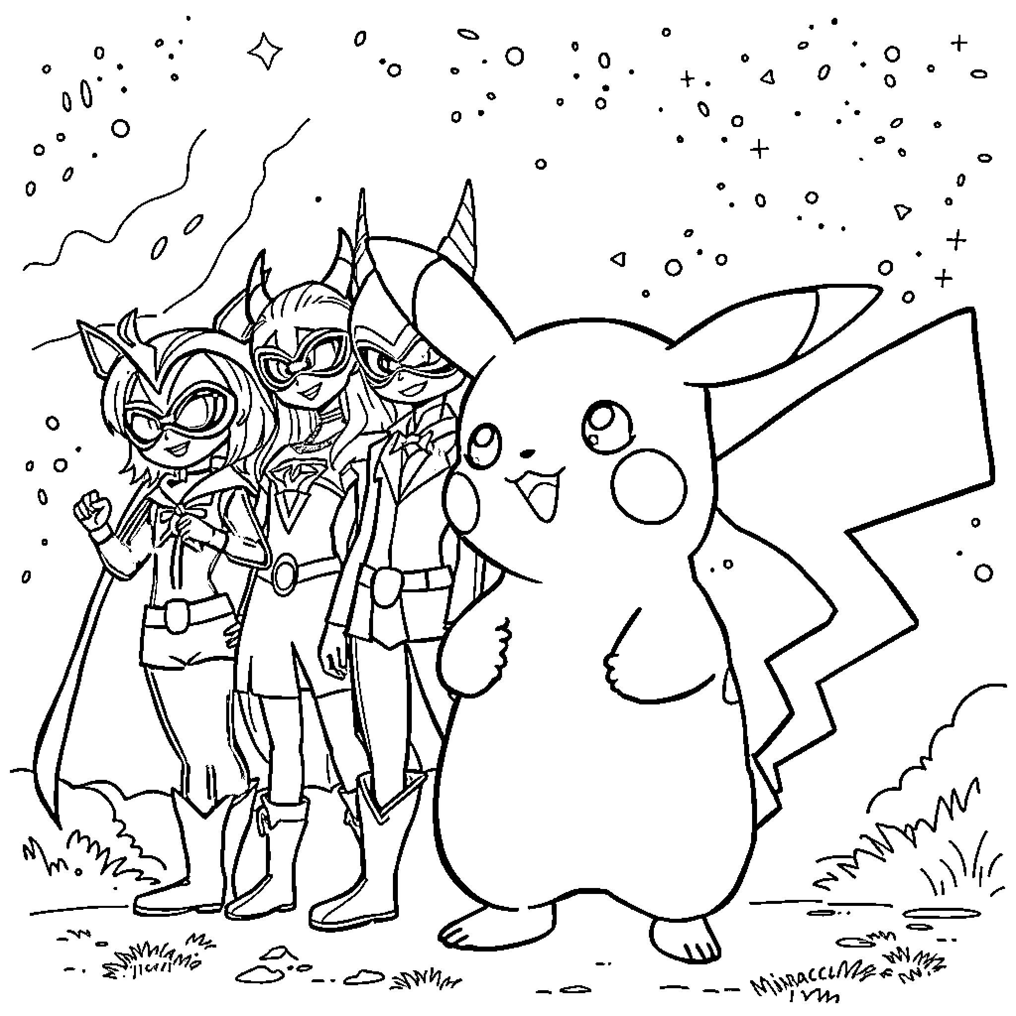 Pikachu with Pokemon friends in a winter wonderland Coloring Page (free black-and-white line drawing printable PDF for all, from beginners to advanced learners, including children, teens, adults, and seniors)