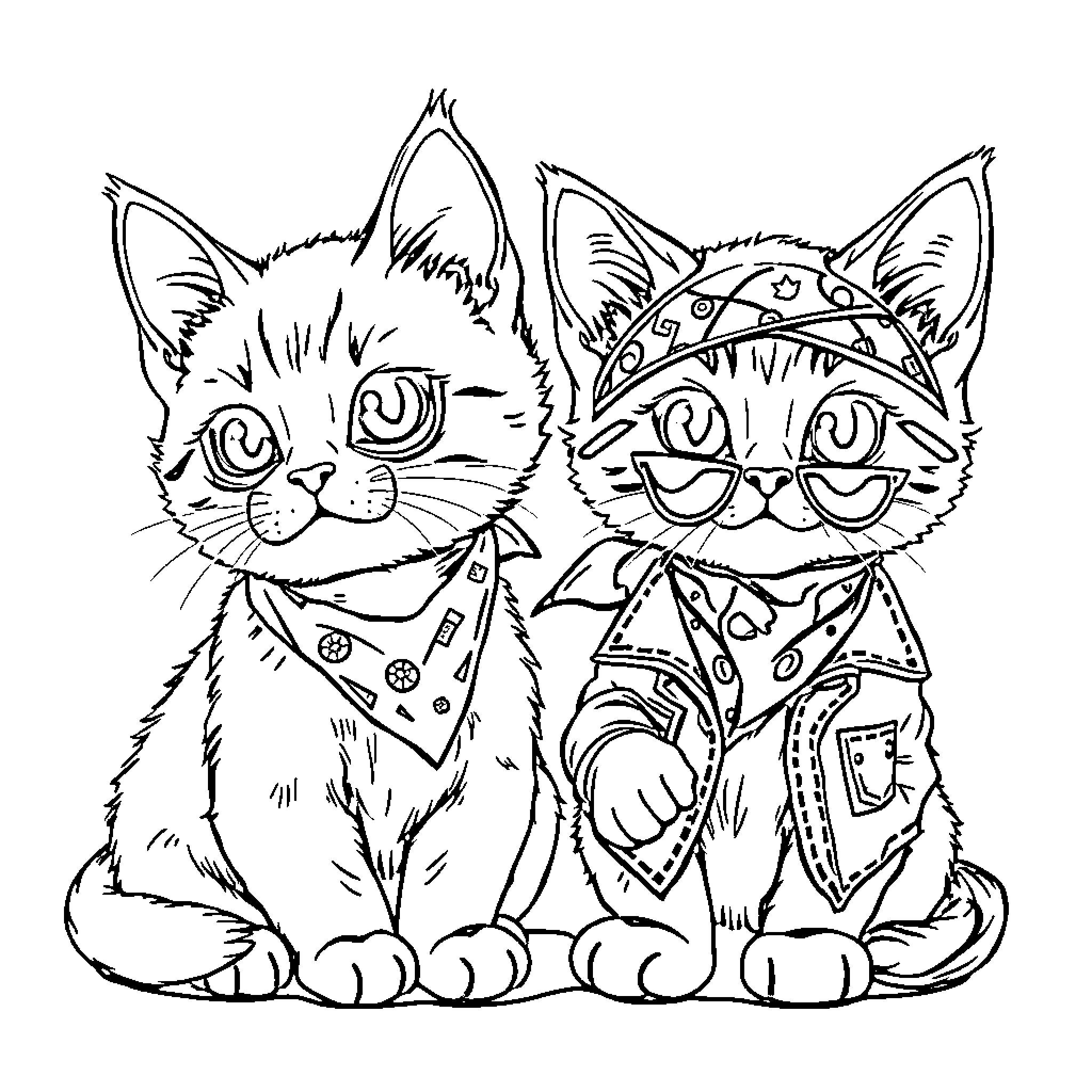 Kittens dressed in stylish costumes Coloring Page (free black-and-white line drawing printable PDF for all, from beginners to advanced learners, including children, teens, adults, and seniors)