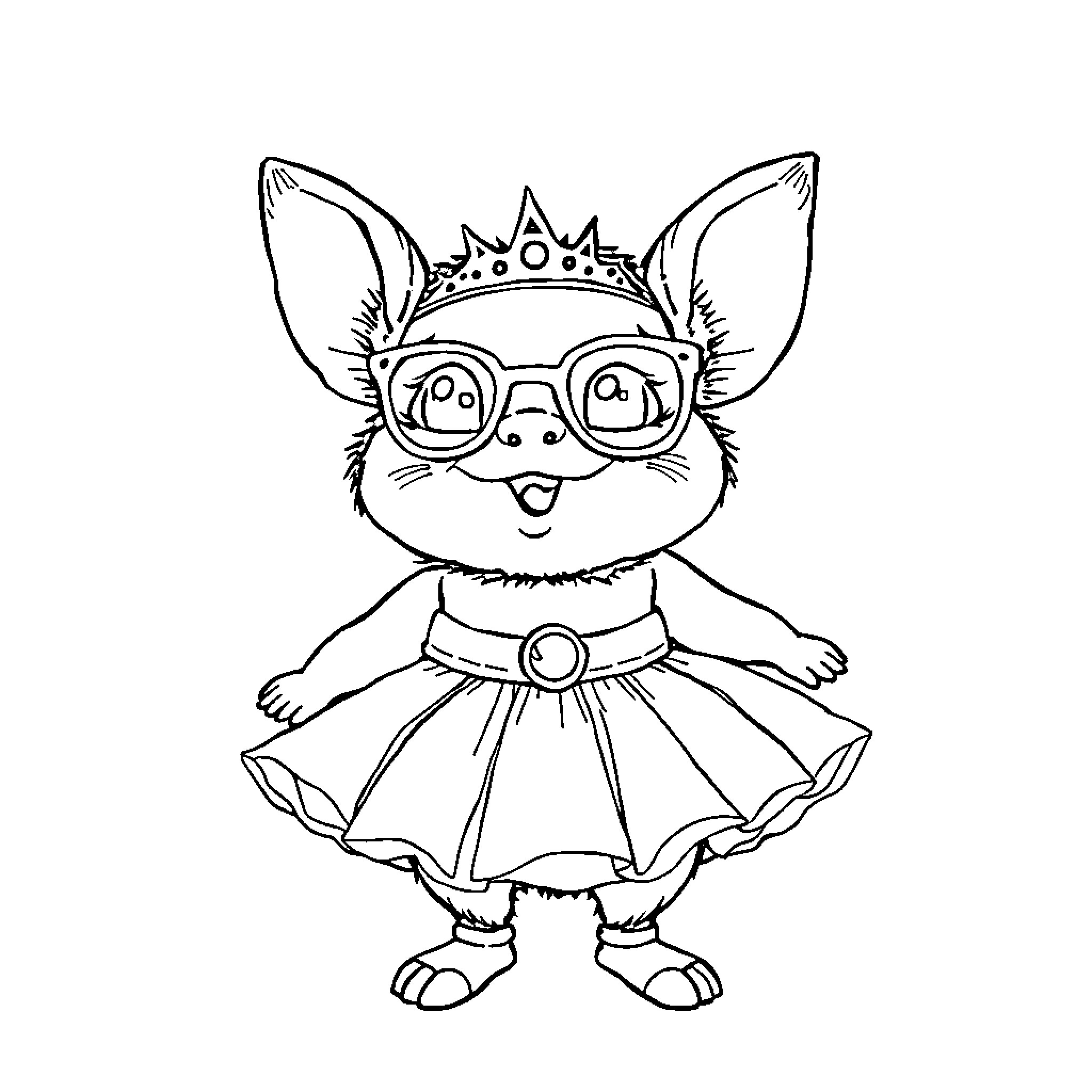 Pig in crown and dress with glasses Coloring Page (free black-and-white line drawing printable PDF for all, from beginners to advanced learners, including children, teens, adults, and seniors)