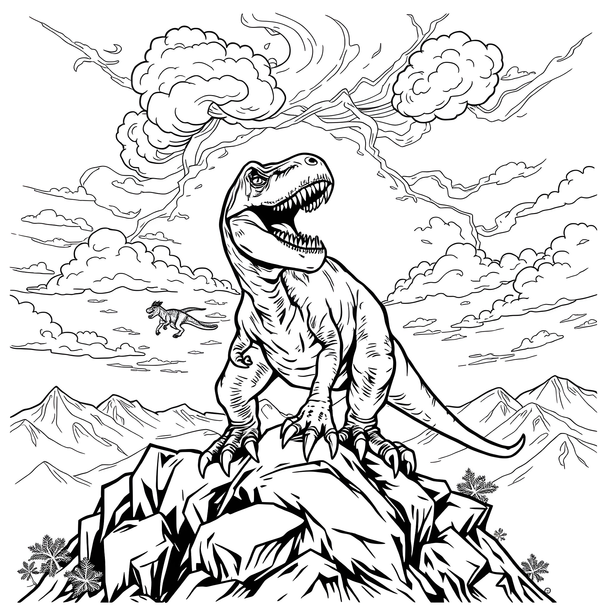 T-Rex Roaring Amidst Stormy Clouds Coloring Page (free black-and-white line drawing printable PDF for all, from beginners to advanced learners, including children, teens, adults, and seniors)