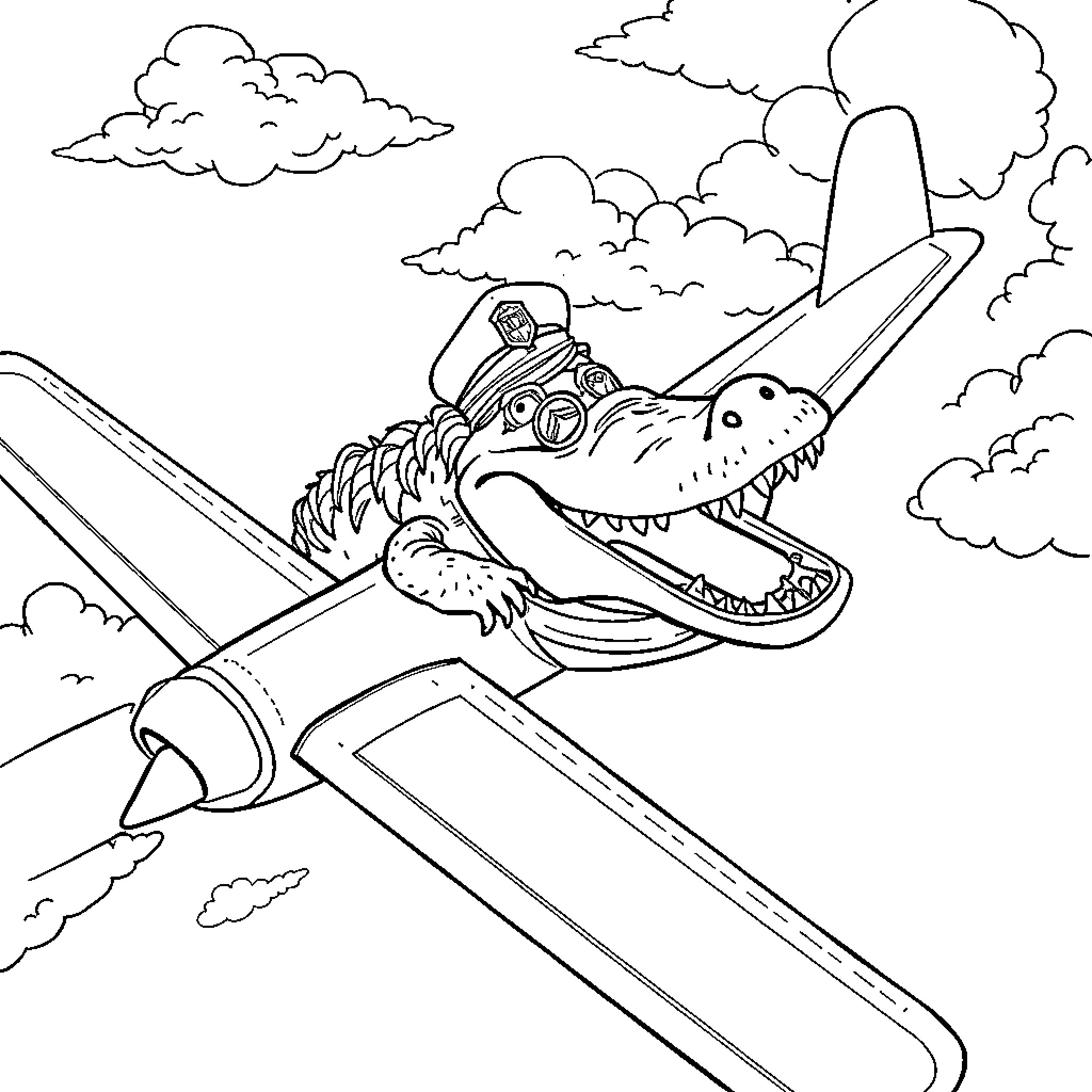 Airplane with Dinosaur Pilot in Flight Coloring Page (free black-and-white line drawing printable PDF for all, from beginners to advanced learners, including children, teens, adults, and seniors)